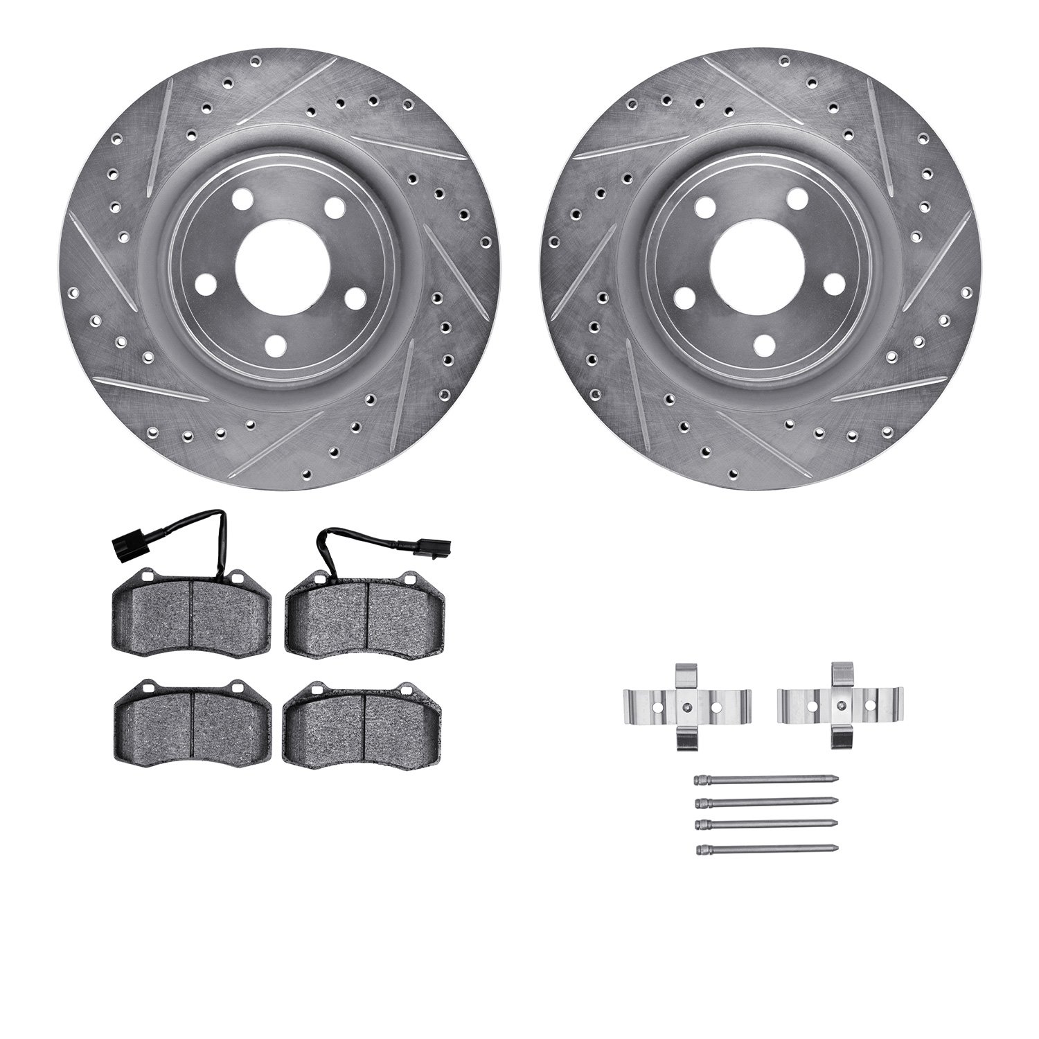 7512-47207 Drilled/Slotted Brake Rotors w/5000 Advanced Brake Pads Kit & Hardware [Silver], 2007-2010 GM, Position: Front
