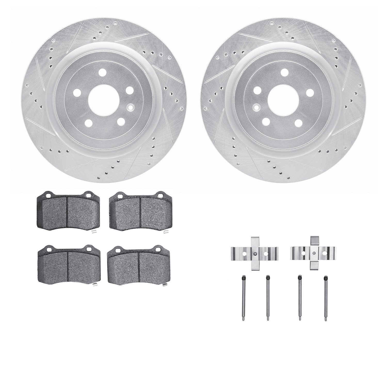 7512-47217 Drilled/Slotted Brake Rotors w/5000 Advanced Brake Pads Kit & Hardware [Silver], Fits Select GM, Position: Rear