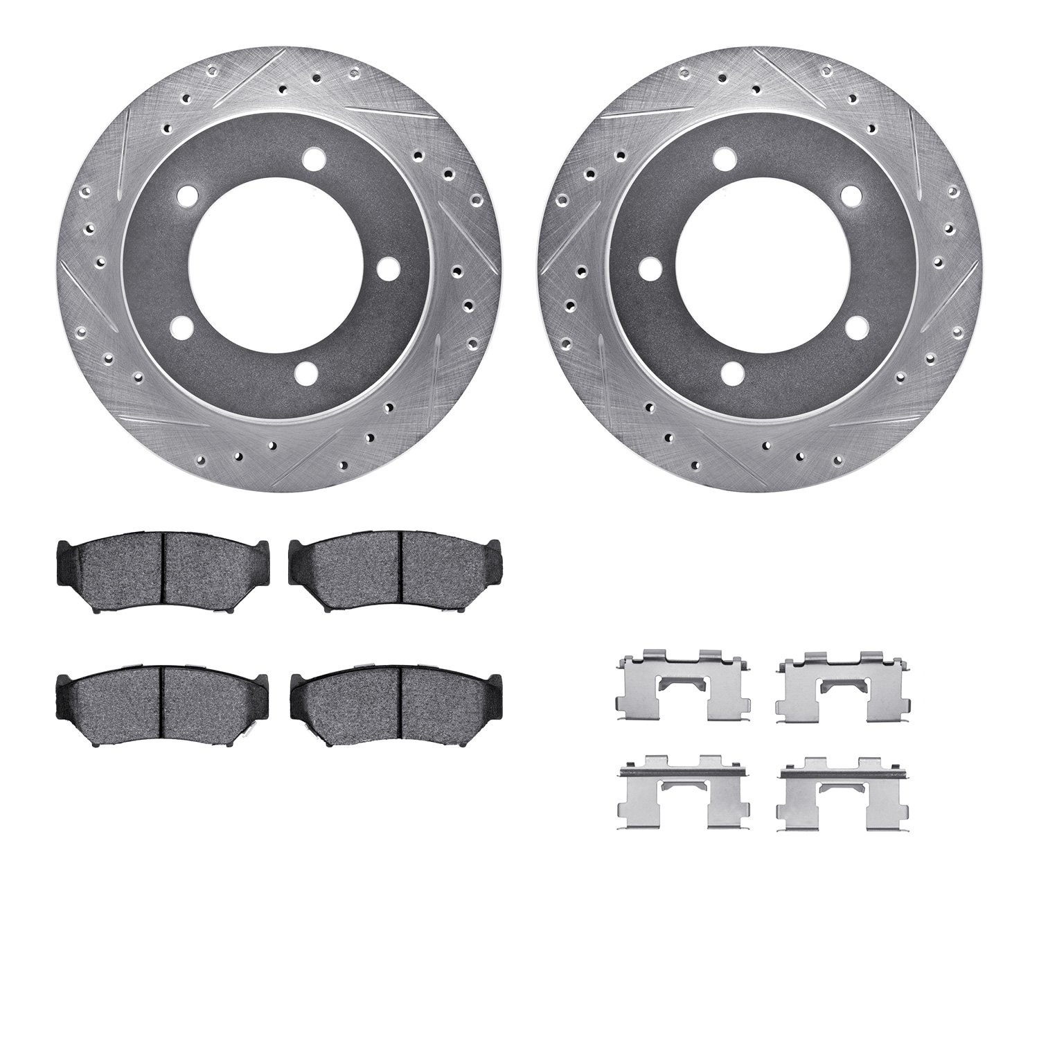 7512-47268 Drilled/Slotted Brake Rotors w/5000 Advanced Brake Pads Kit & Hardware [Silver], 1991-1998 GM, Position: Front