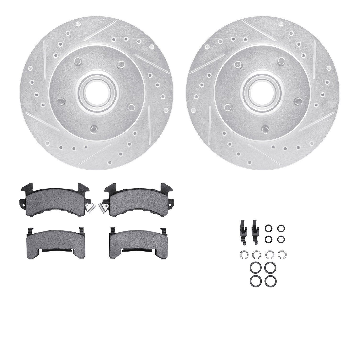 7512-48004 Drilled/Slotted Brake Rotors w/5000 Advanced Brake Pads Kit & Hardware [Silver], 1998-2003 GM, Position: Front