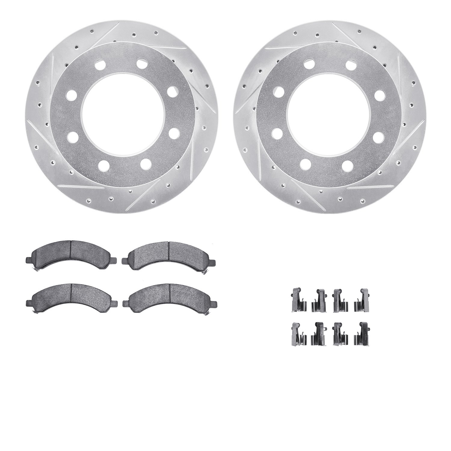 7512-48011 Drilled/Slotted Brake Rotors w/5000 Advanced Brake Pads Kit & Hardware [Silver], 2003-2008 GM, Position: Rear