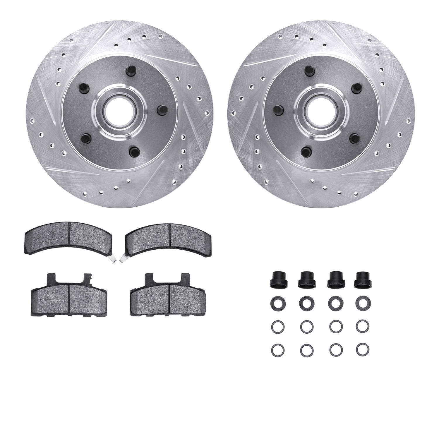 7512-48018 Drilled/Slotted Brake Rotors w/5000 Advanced Brake Pads Kit & Hardware [Silver], 1988-1991 GM, Position: Front