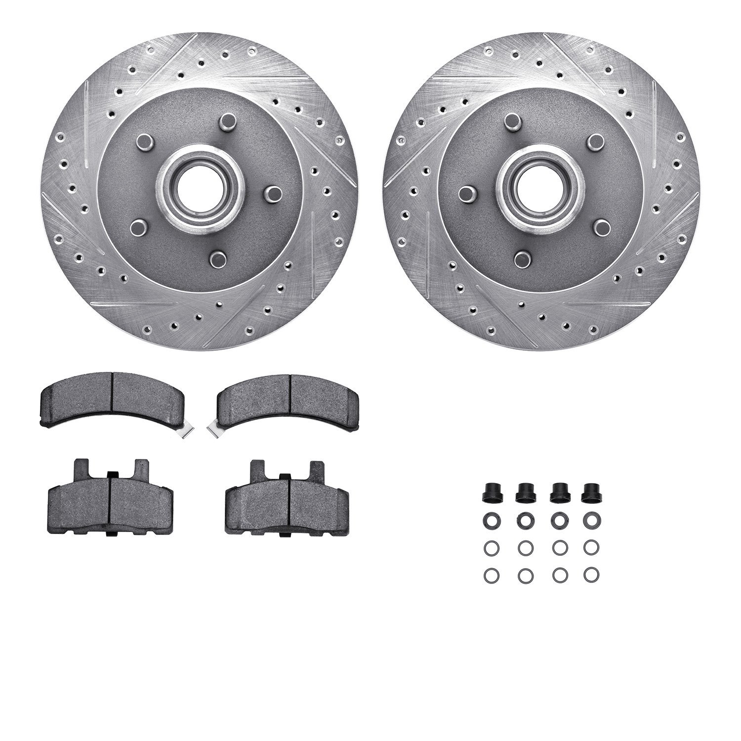 7512-48023 Drilled/Slotted Brake Rotors w/5000 Advanced Brake Pads Kit & Hardware [Silver], 1992-2002 GM, Position: Front