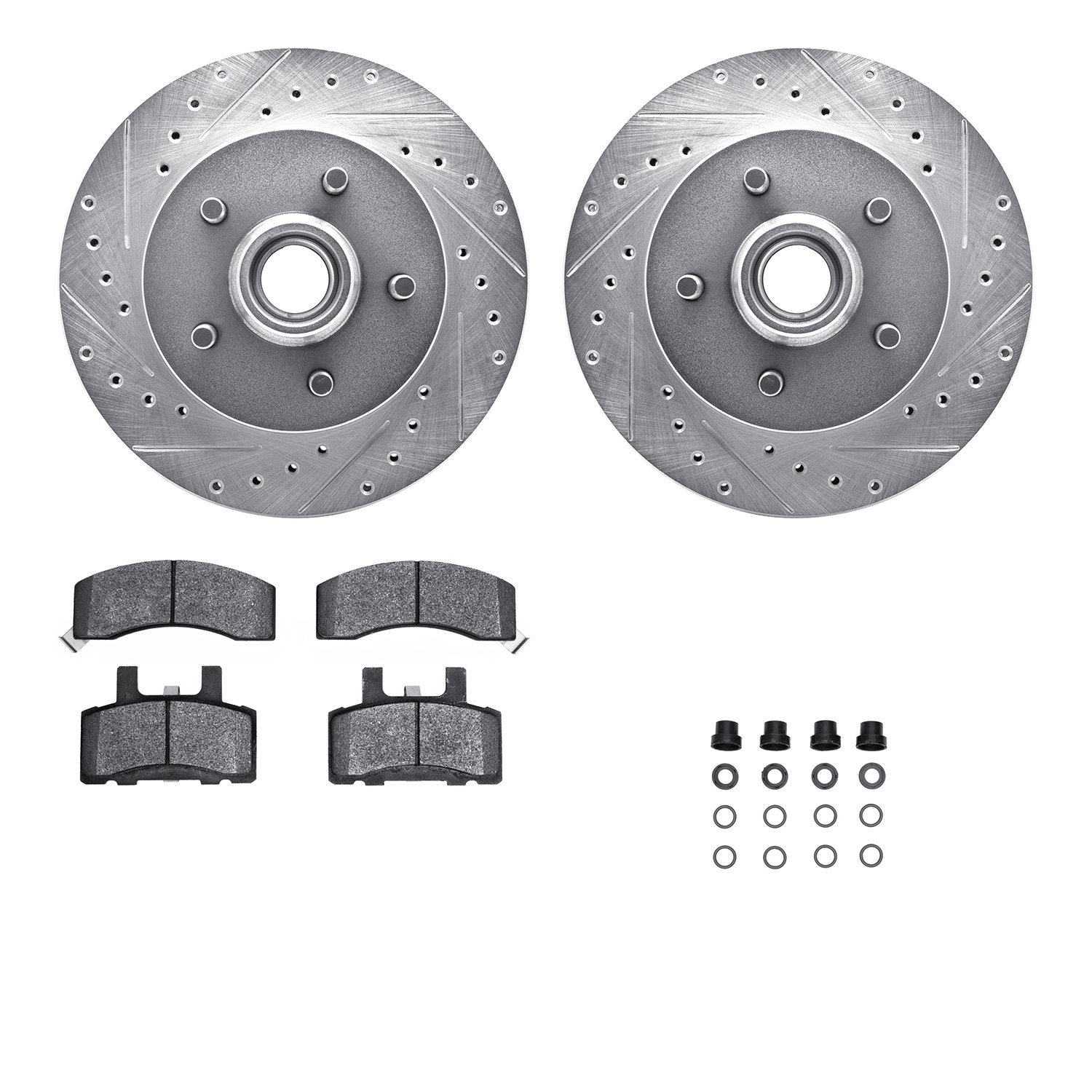 7512-48027 Drilled/Slotted Brake Rotors w/5000 Advanced Brake Pads Kit & Hardware [Silver], 1998-2000 GM, Position: Front
