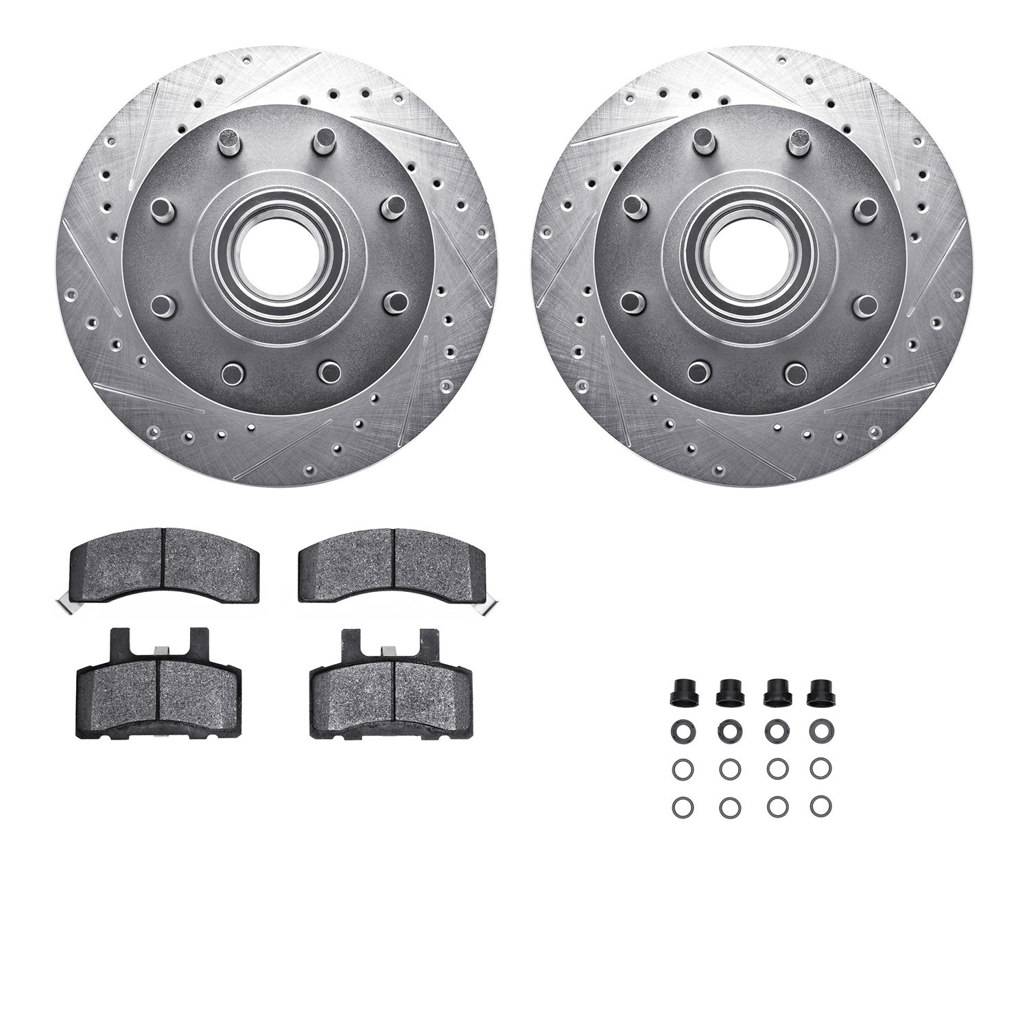 7512-48028 Drilled/Slotted Brake Rotors w/5000 Advanced Brake Pads Kit & Hardware [Silver], 1992-2002 GM, Position: Front