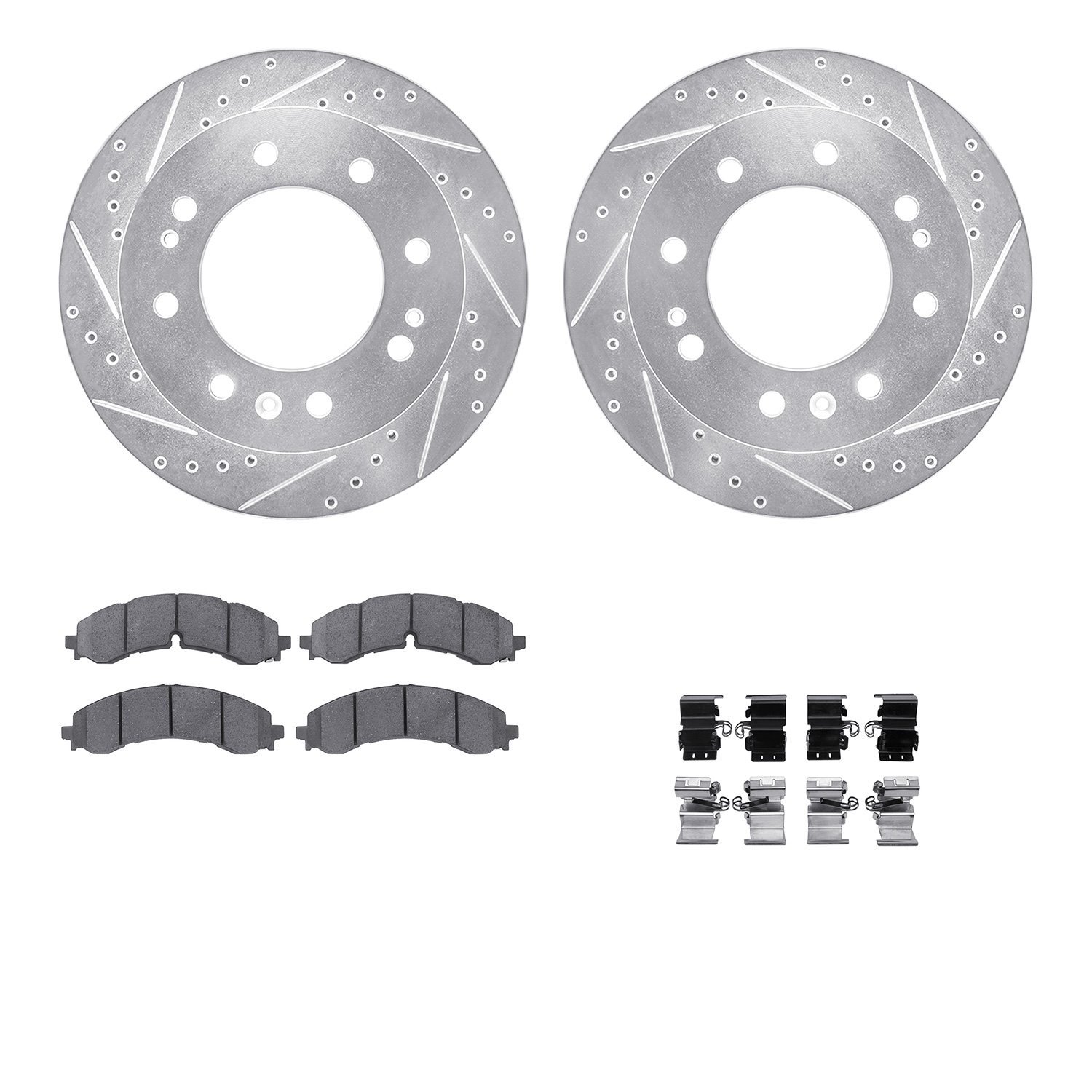 7512-48032 Drilled/Slotted Brake Rotors w/5000 Advanced Brake Pads Kit & Hardware [Silver], Fits Select GM, Position: Front