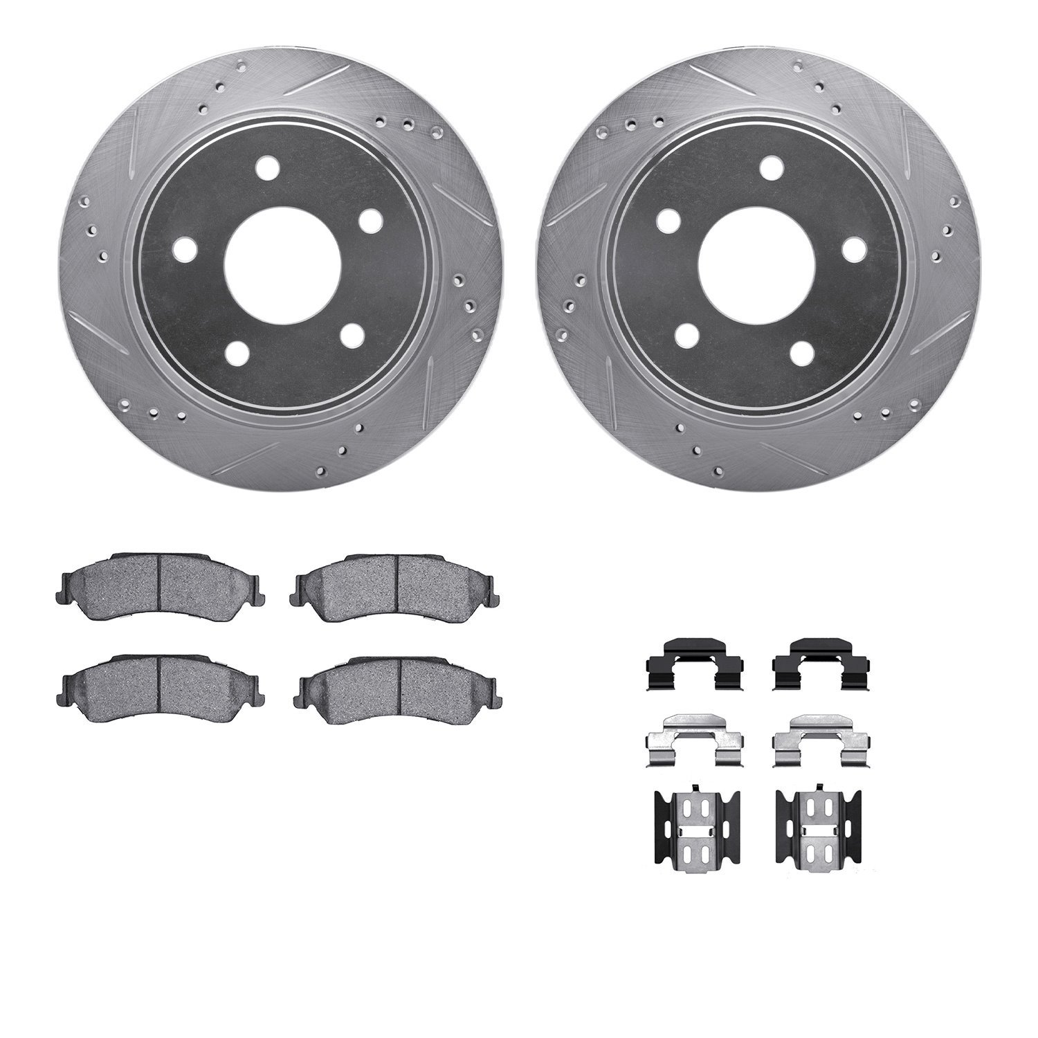 7512-48034 Drilled/Slotted Brake Rotors w/5000 Advanced Brake Pads Kit & Hardware [Silver], 1997-2005 GM, Position: Rear