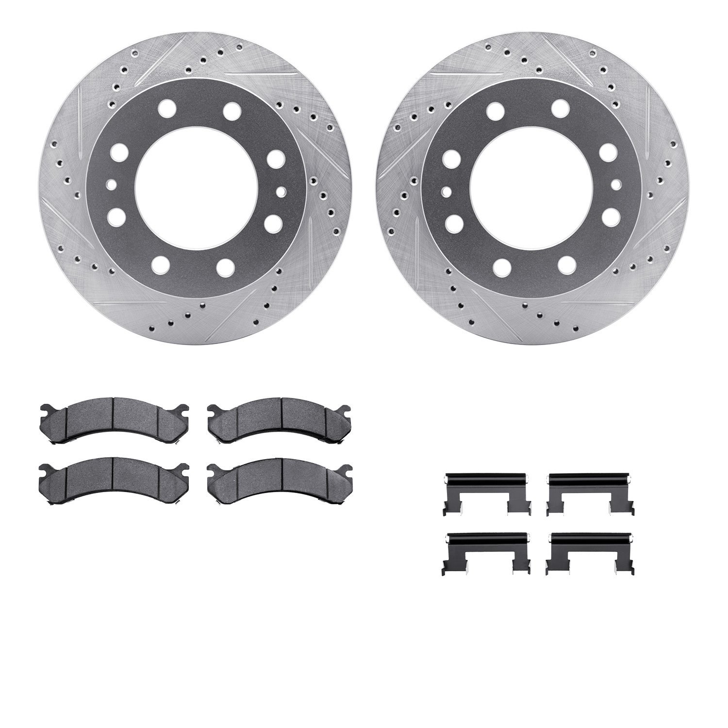 7512-48037 Drilled/Slotted Brake Rotors w/5000 Advanced Brake Pads Kit & Hardware [Silver], 2001-2017 GM, Position: Front