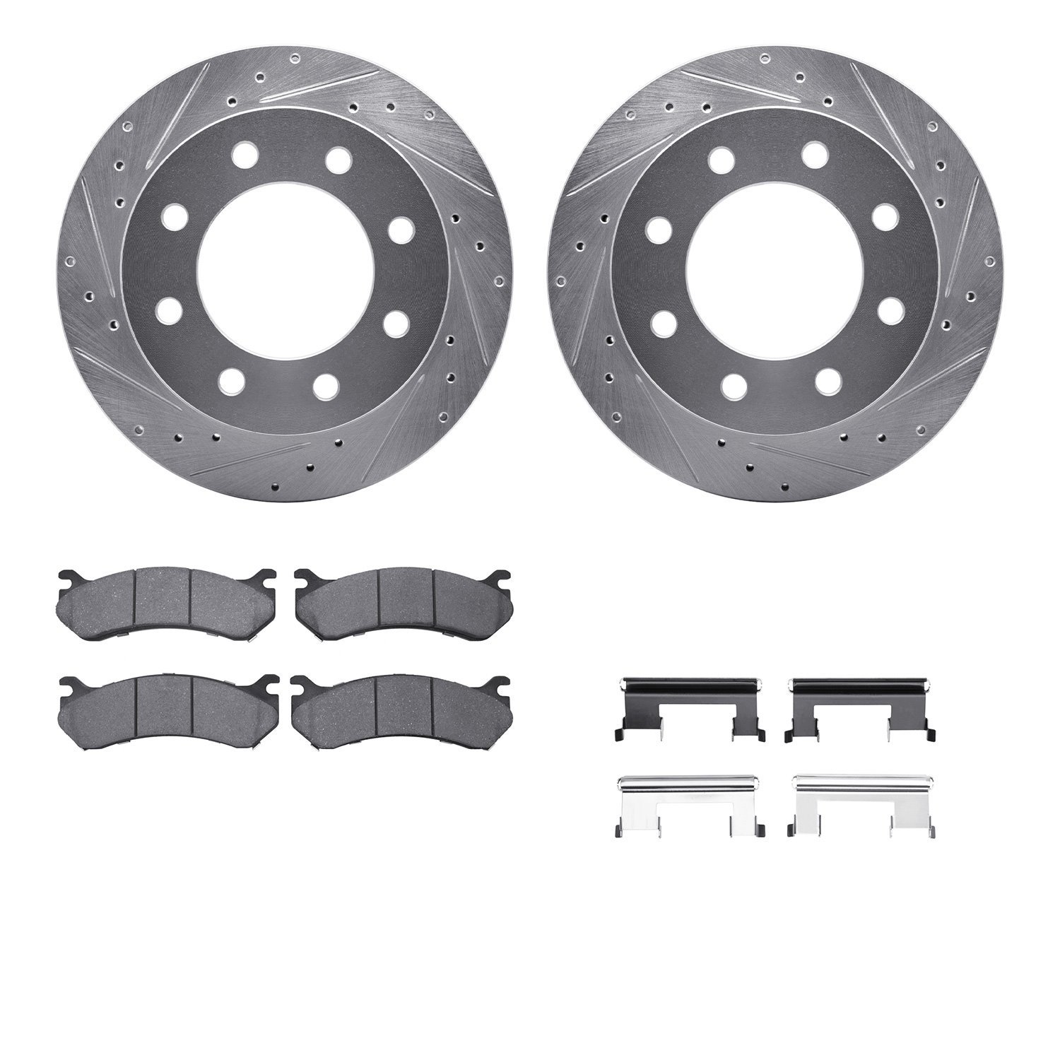 7512-48039 Drilled/Slotted Brake Rotors w/5000 Advanced Brake Pads Kit & Hardware [Silver], 1999-2009 GM, Position: Rear