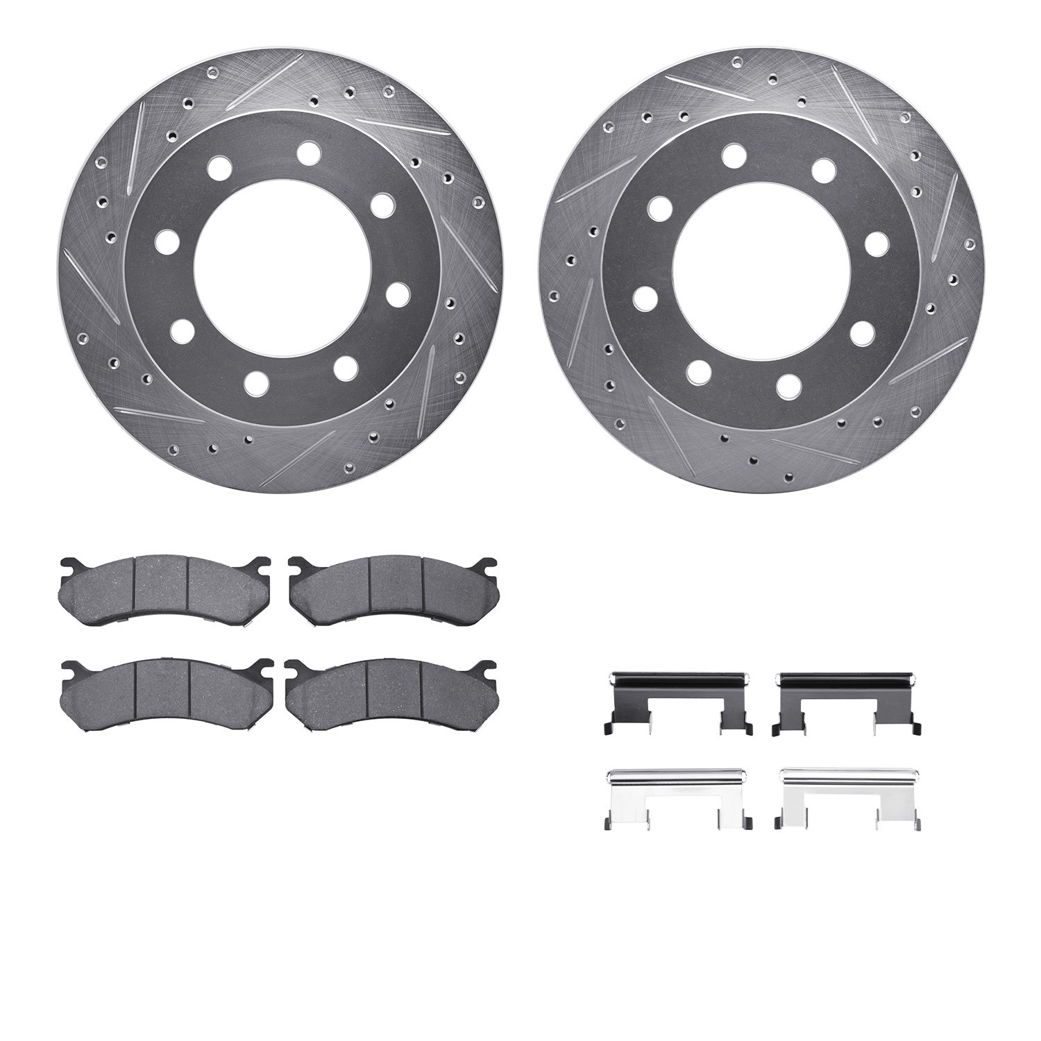 7512-48040 Drilled/Slotted Brake Rotors w/5000 Advanced Brake Pads Kit & Hardware [Silver], 1999-2013 GM, Position: Rear