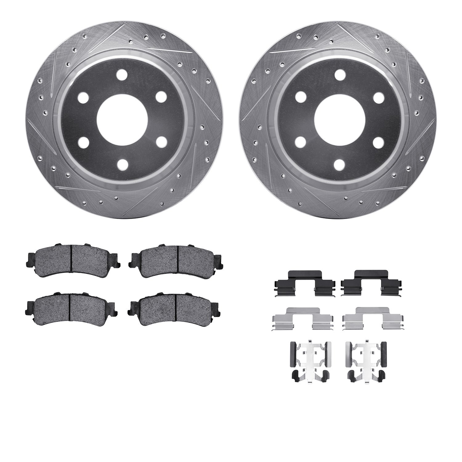 7512-48042 Drilled/Slotted Brake Rotors w/5000 Advanced Brake Pads Kit & Hardware [Silver], 2003-2007 GM, Position: Rear
