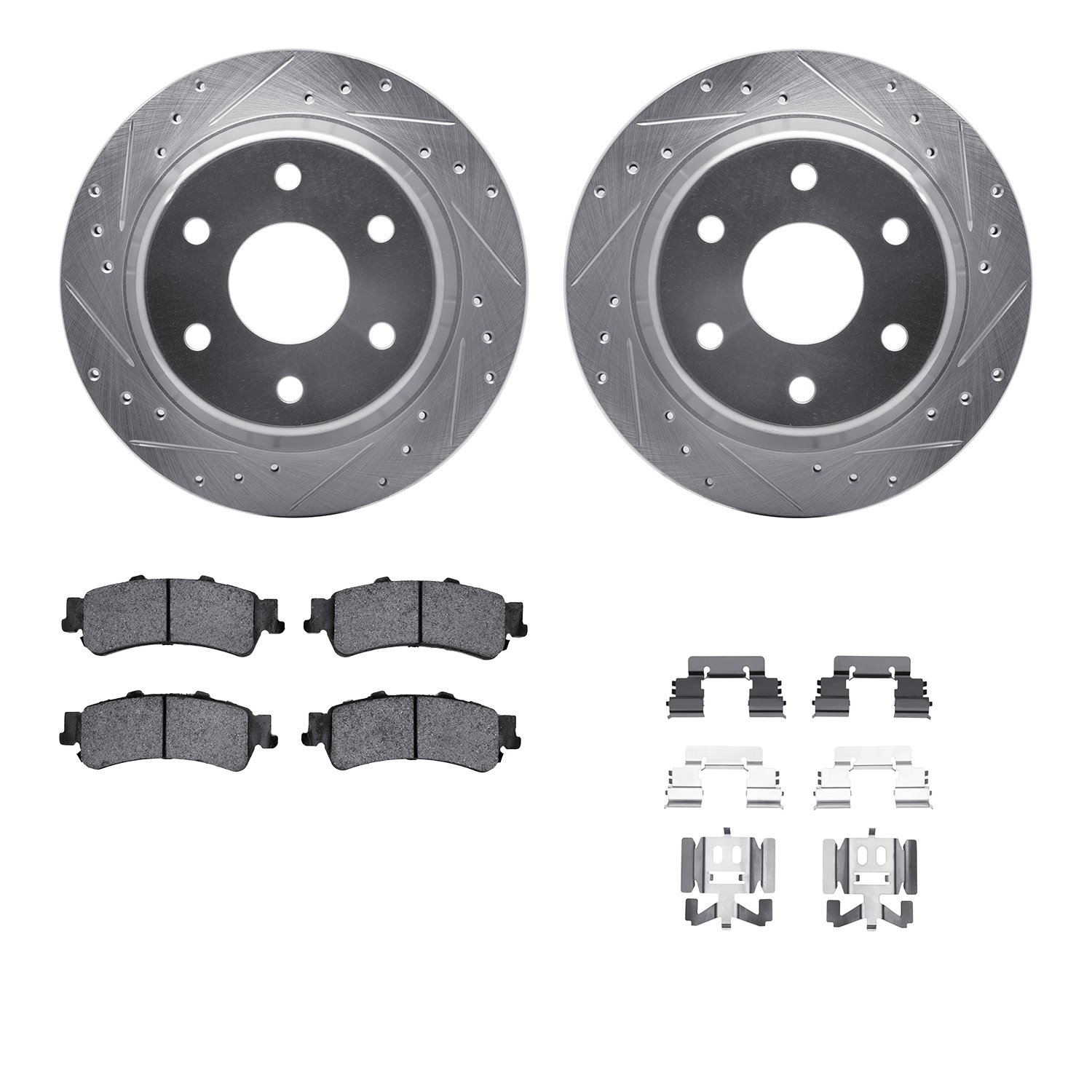 7512-48043 Drilled/Slotted Brake Rotors w/5000 Advanced Brake Pads Kit & Hardware [Silver], 1999-2007 GM, Position: Rear