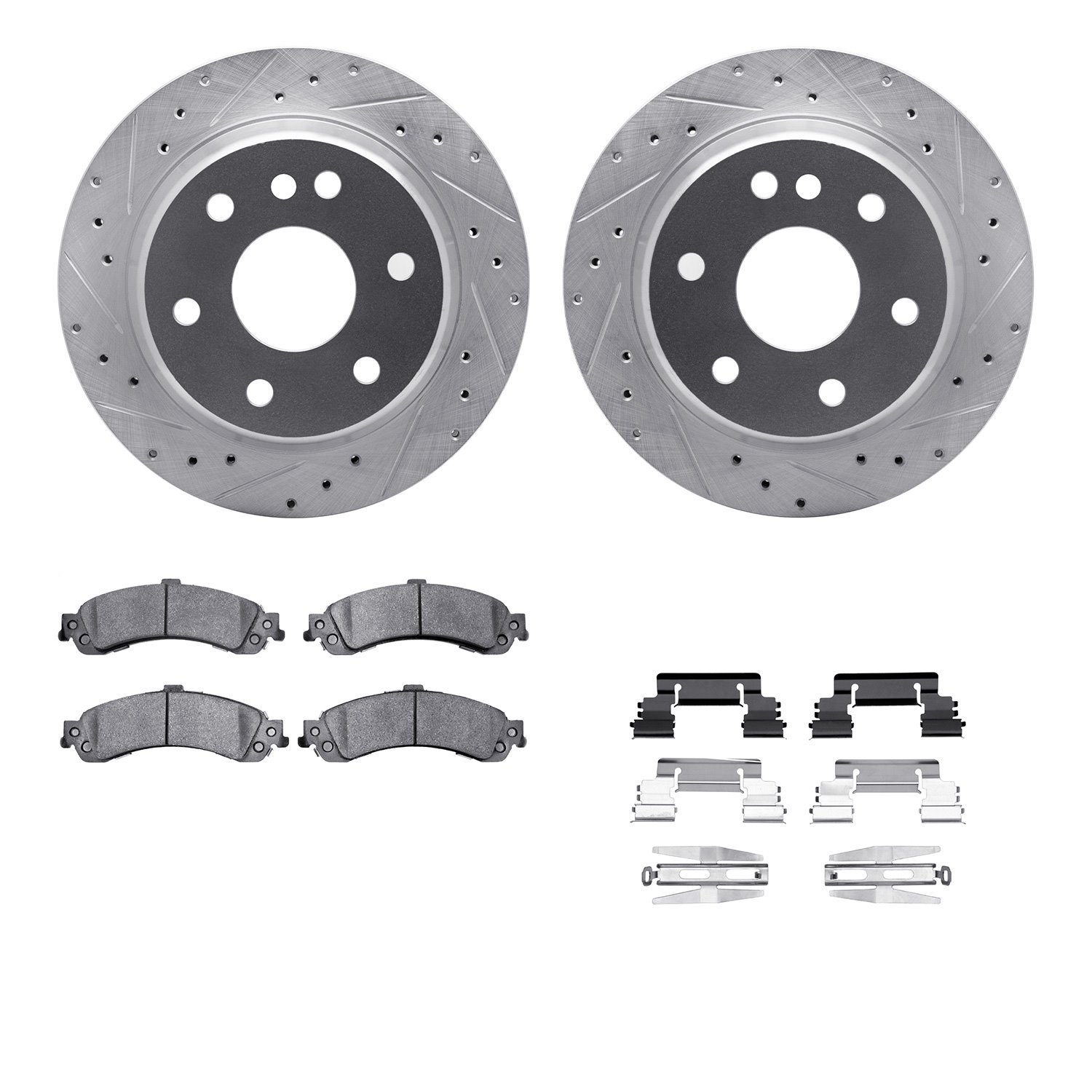 7512-48044 Drilled/Slotted Brake Rotors w/5000 Advanced Brake Pads Kit & Hardware [Silver], 2000-2006 GM, Position: Rear