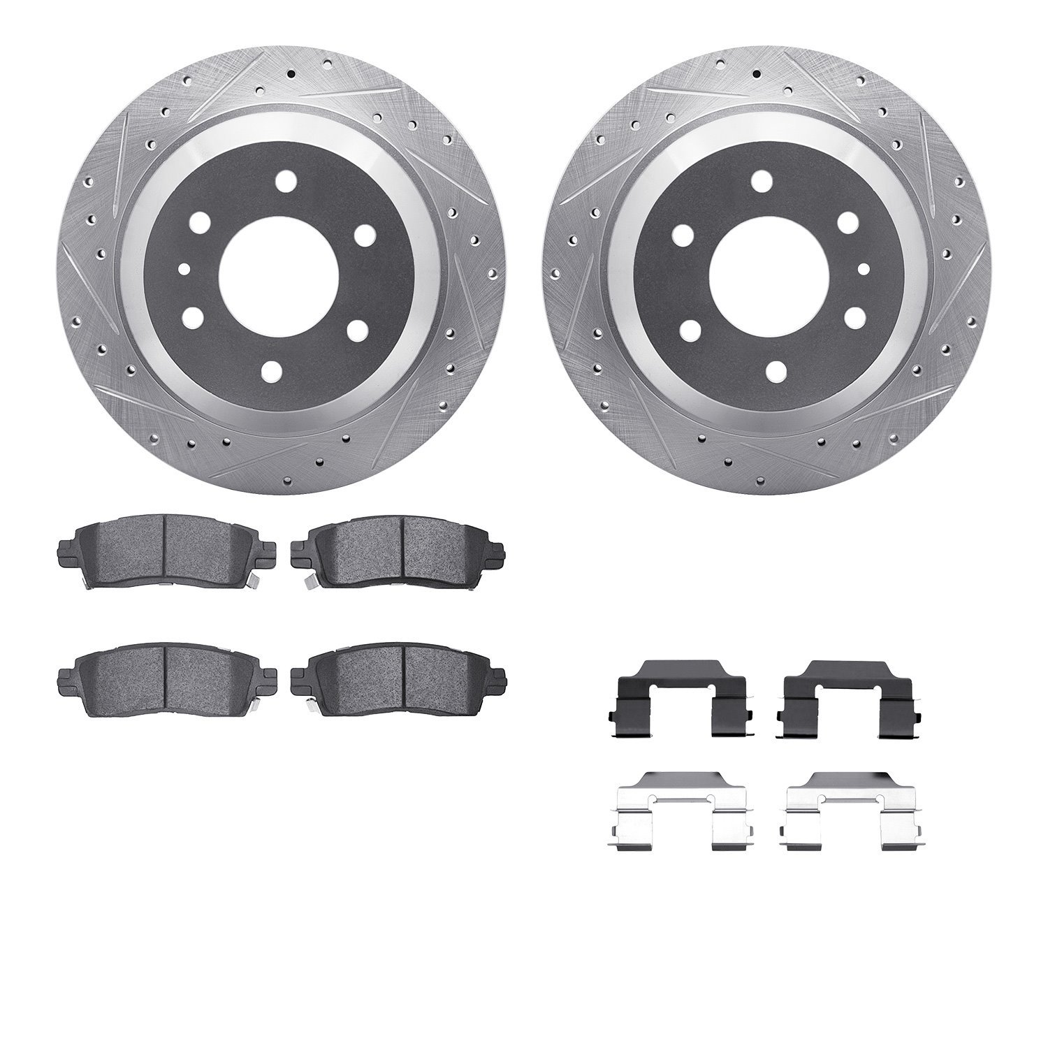 7512-48048 Drilled/Slotted Brake Rotors w/5000 Advanced Brake Pads Kit & Hardware [Silver], 2002-2009 GM, Position: Rear