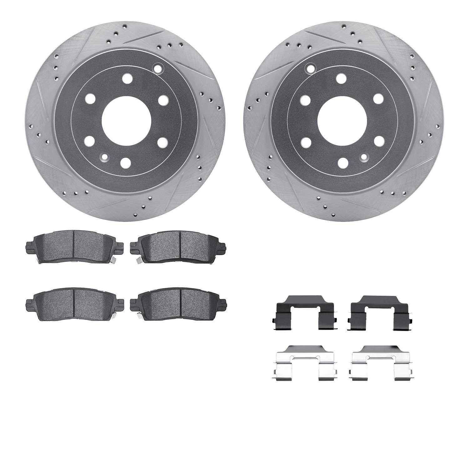 7512-48049 Drilled/Slotted Brake Rotors w/5000 Advanced Brake Pads Kit & Hardware [Silver], 2007-2017 GM, Position: Rear