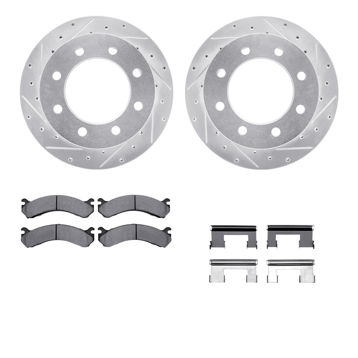 7512-48050 Drilled/Slotted Brake Rotors w/5000 Advanced Brake Pads Kit & Hardware [Silver], 2001-2010 GM, Position: Rear