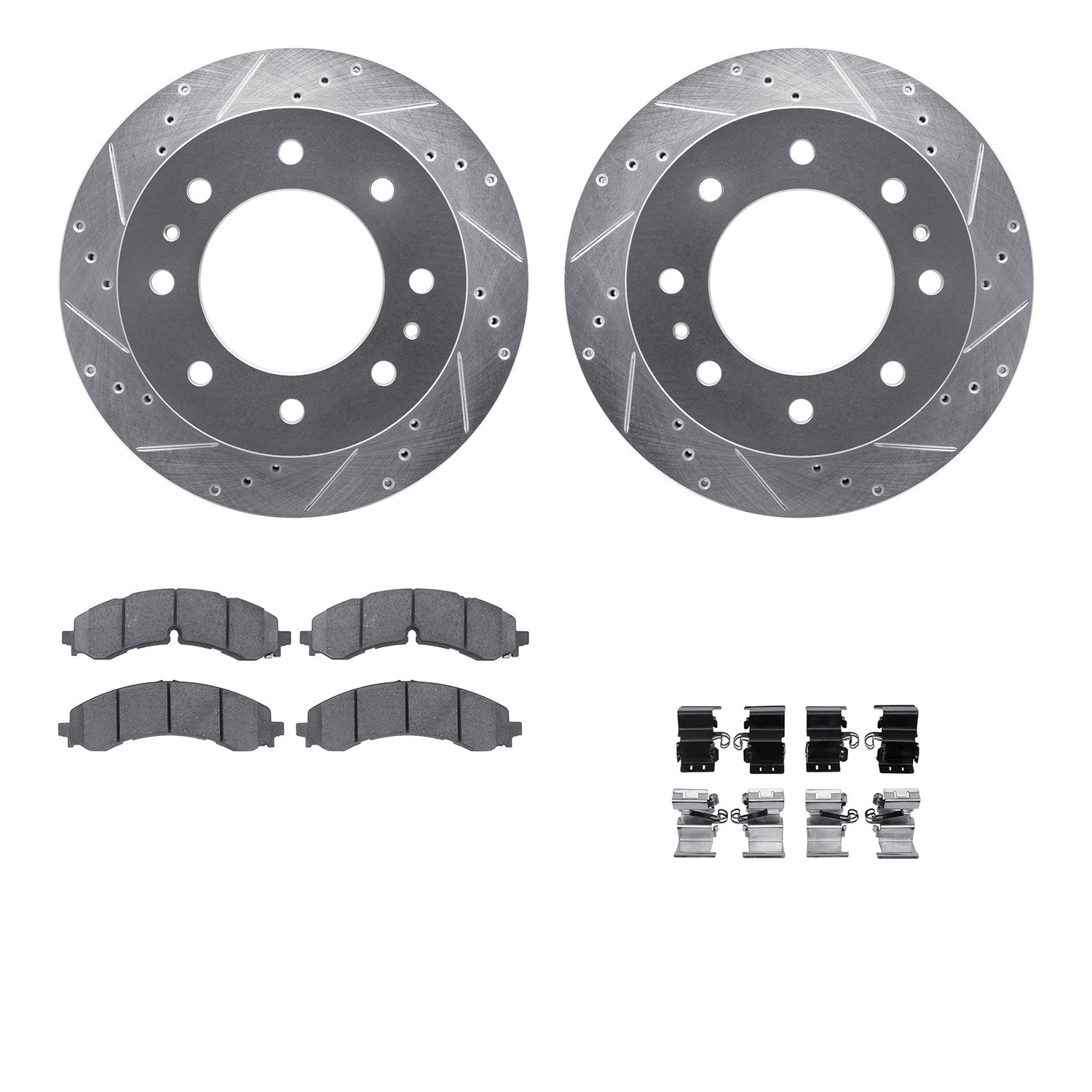 7512-48053 Drilled/Slotted Brake Rotors w/5000 Advanced Brake Pads Kit & Hardware [Silver], Fits Select GM, Position: Rear