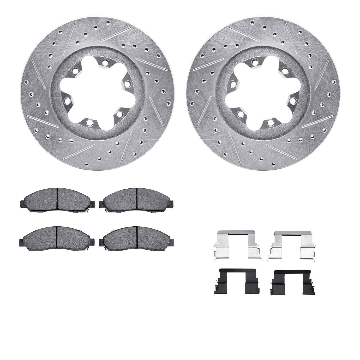 7512-48056 Drilled/Slotted Brake Rotors w/5000 Advanced Brake Pads Kit & Hardware [Silver], 2004-2008 GM, Position: Front