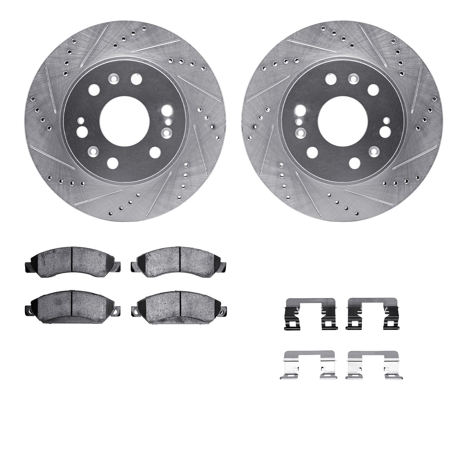 7512-48057 Drilled/Slotted Brake Rotors w/5000 Advanced Brake Pads Kit & Hardware [Silver], 2005-2008 GM, Position: Front