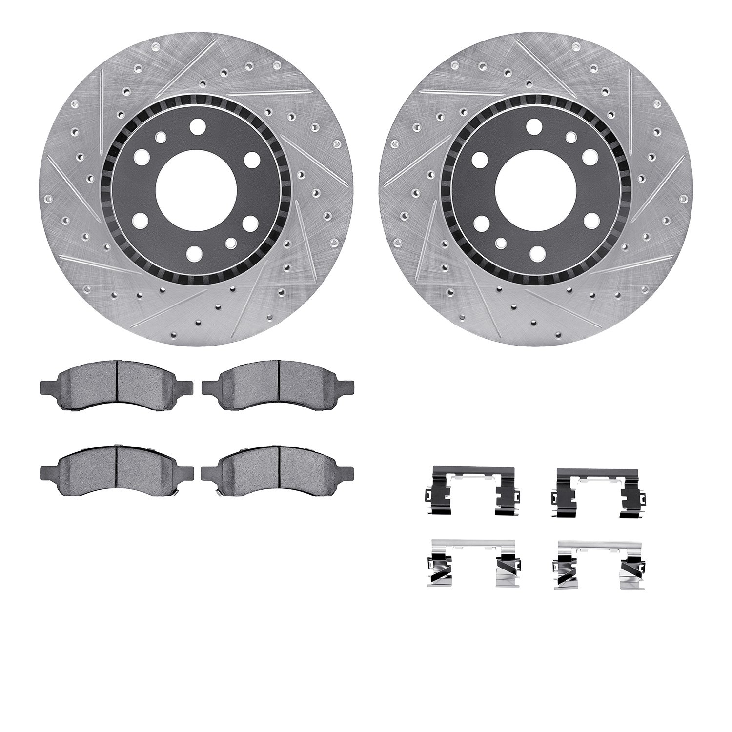 7512-48058 Drilled/Slotted Brake Rotors w/5000 Advanced Brake Pads Kit & Hardware [Silver], 2006-2009 GM, Position: Front