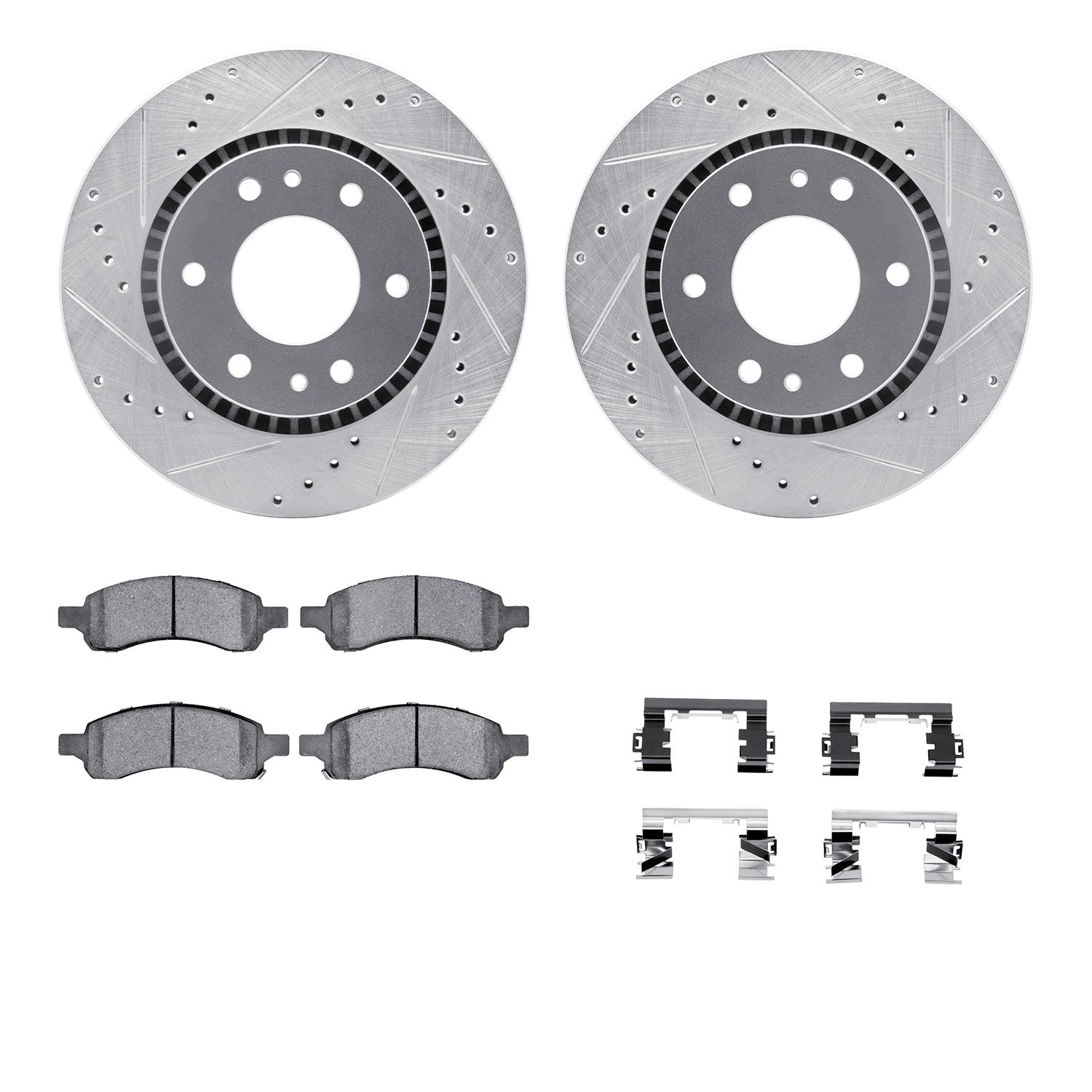 7512-48059 Drilled/Slotted Brake Rotors w/5000 Advanced Brake Pads Kit & Hardware [Silver], 2006-2009 GM, Position: Front