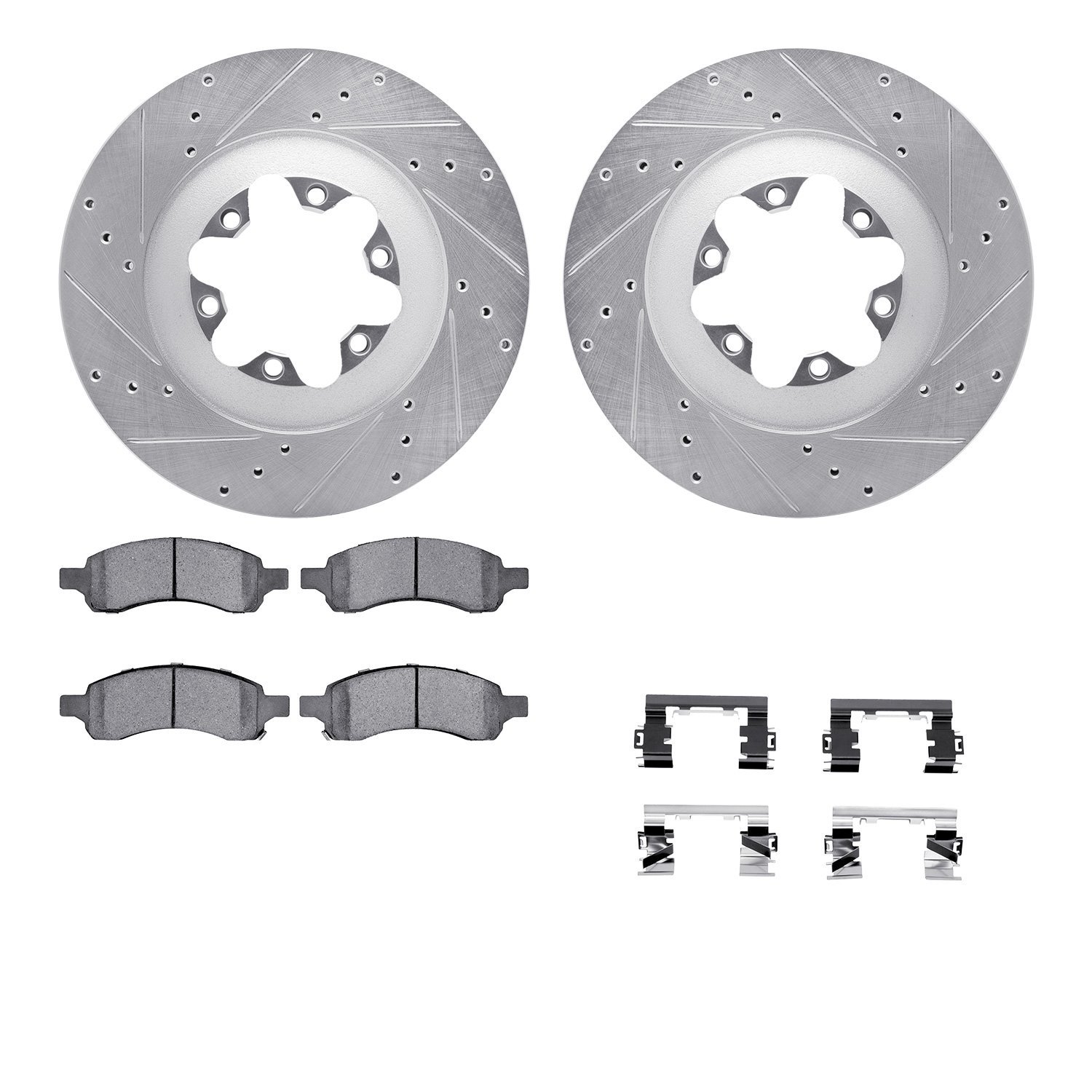 7512-48060 Drilled/Slotted Brake Rotors w/5000 Advanced Brake Pads Kit & Hardware [Silver], 2009-2012 GM, Position: Front