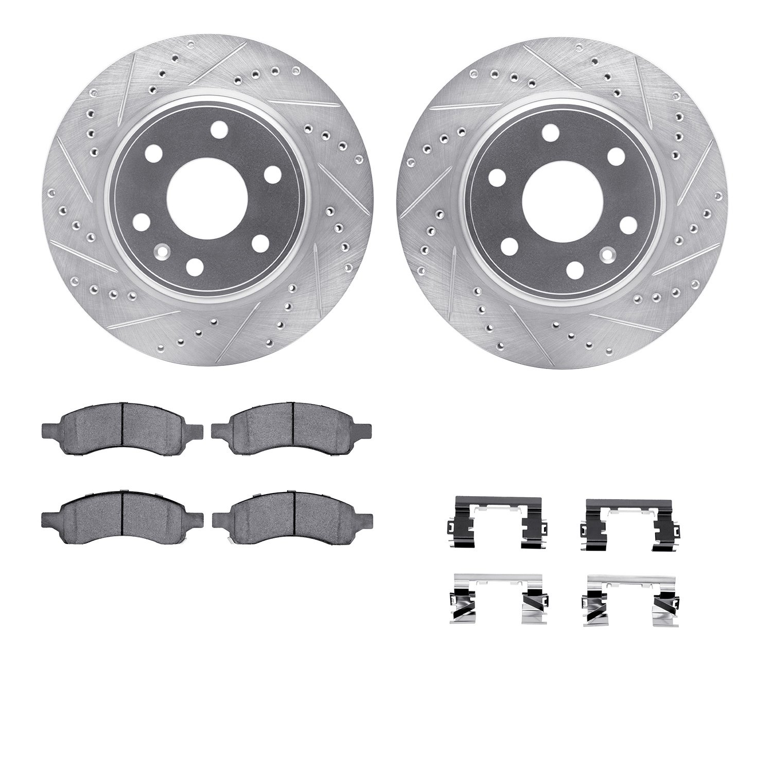 7512-48061 Drilled/Slotted Brake Rotors w/5000 Advanced Brake Pads Kit & Hardware [Silver], 2007-2017 GM, Position: Front