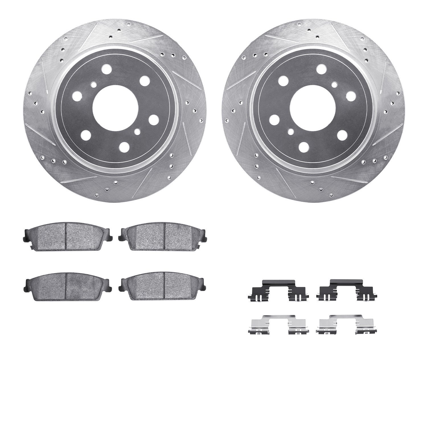 7512-48062 Drilled/Slotted Brake Rotors w/5000 Advanced Brake Pads Kit & Hardware [Silver], 2007-2014 GM, Position: Rear