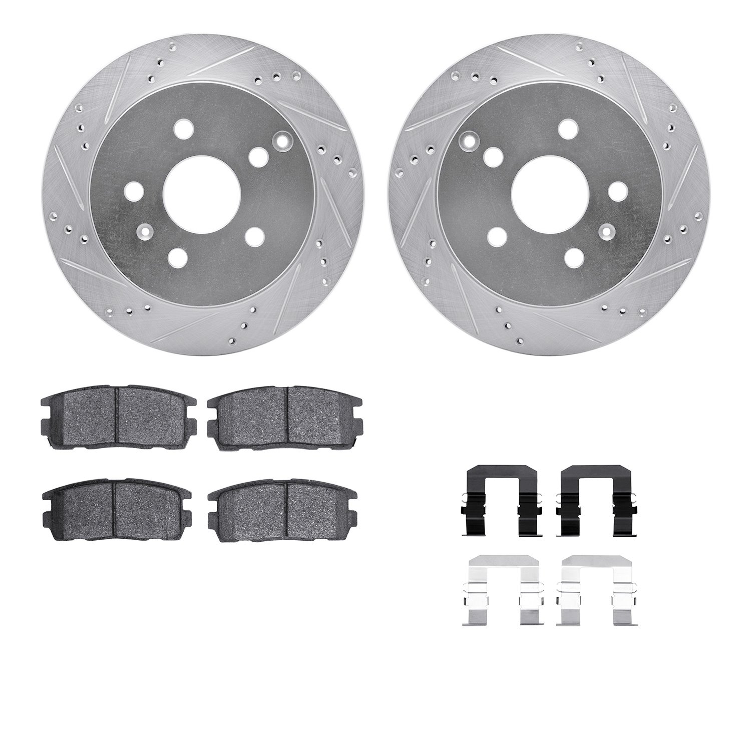 7512-48064 Drilled/Slotted Brake Rotors w/5000 Advanced Brake Pads Kit & Hardware [Silver], 2010-2017 GM, Position: Rear