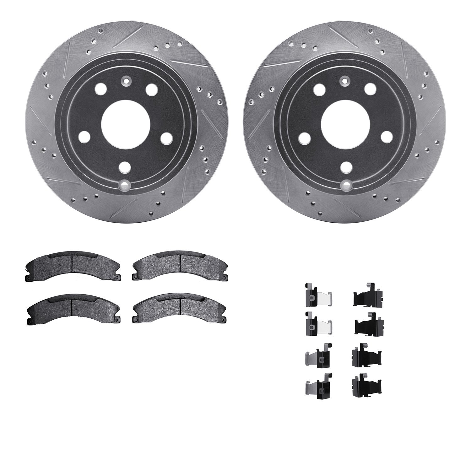 7512-48067 Drilled/Slotted Brake Rotors w/5000 Advanced Brake Pads Kit & Hardware [Silver], 2009-2017 GM, Position: Rear