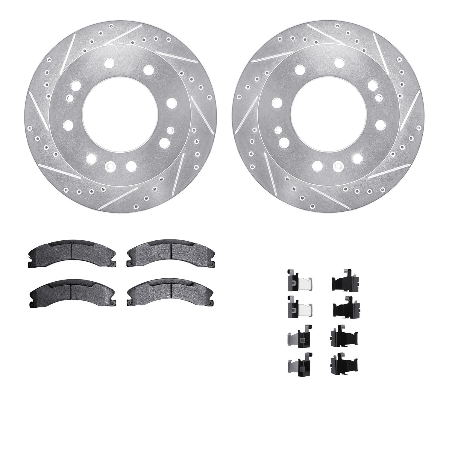 7512-48068 Drilled/Slotted Brake Rotors w/5000 Advanced Brake Pads Kit & Hardware [Silver], 2011-2019 GM, Position: Front