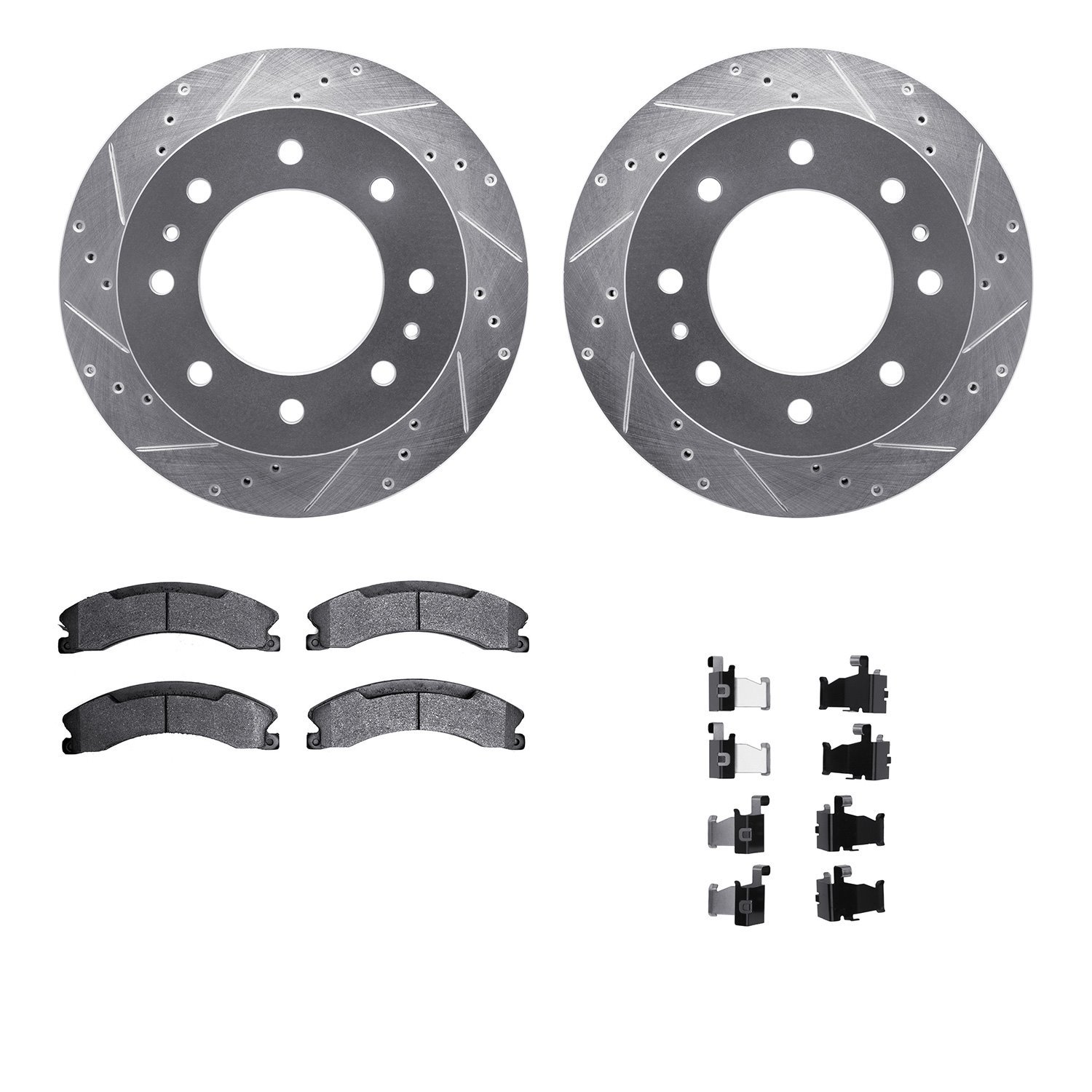 7512-48070 Drilled/Slotted Brake Rotors w/5000 Advanced Brake Pads Kit & Hardware [Silver], 2011-2019 GM, Position: Rear