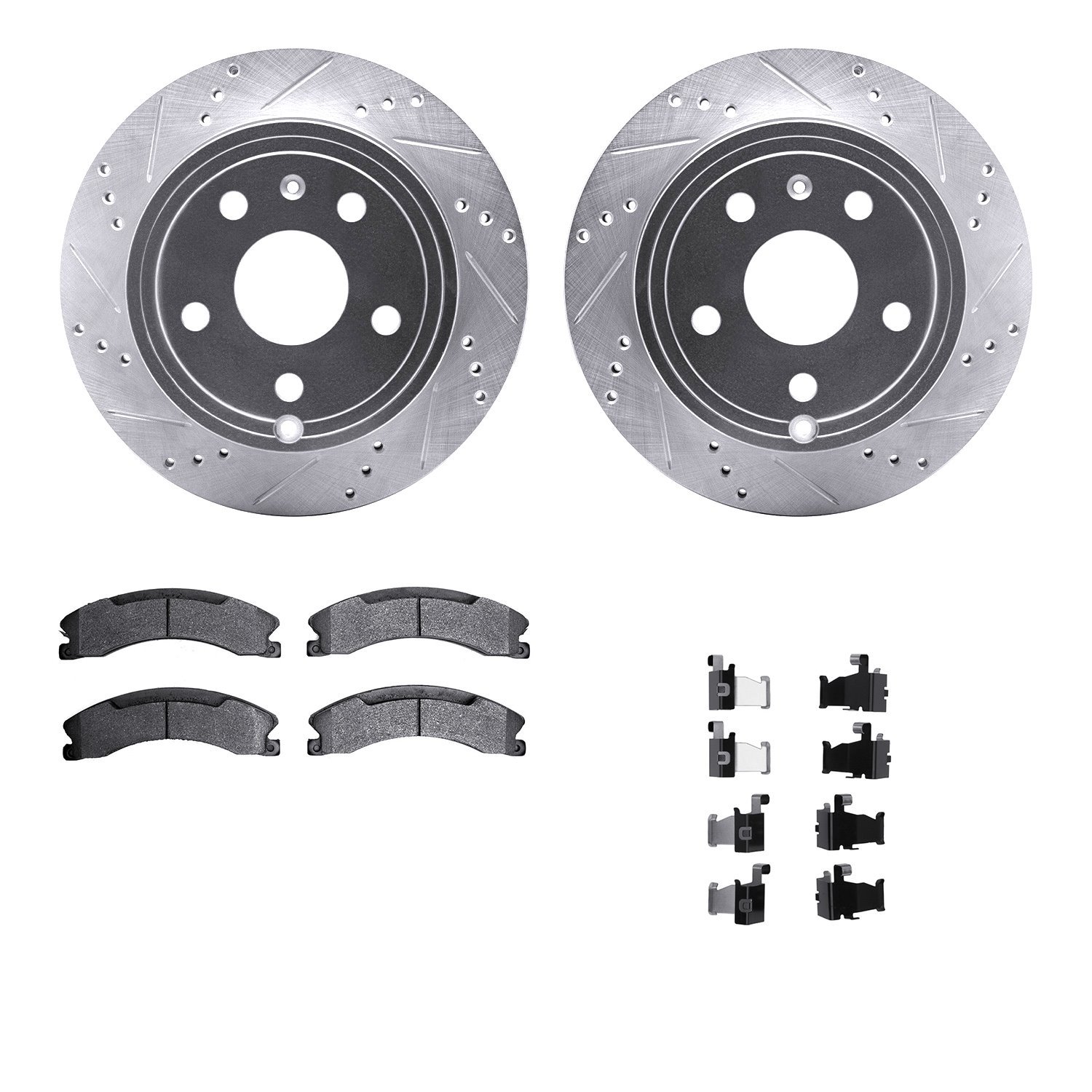 7512-48080 Drilled/Slotted Brake Rotors w/5000 Advanced Brake Pads Kit & Hardware [Silver], 2018-2020 GM, Position: Rear