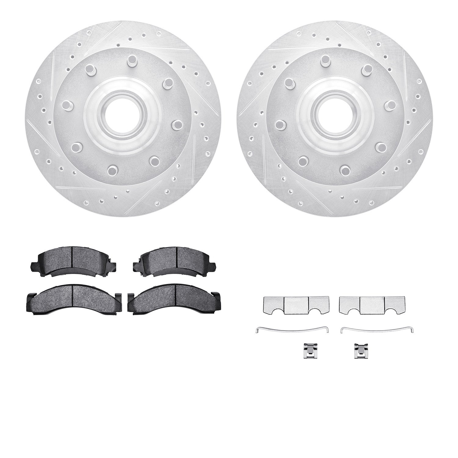 7512-48093 Drilled/Slotted Brake Rotors w/5000 Advanced Brake Pads Kit & Hardware [Silver], 1994-1995 GM, Position: Front