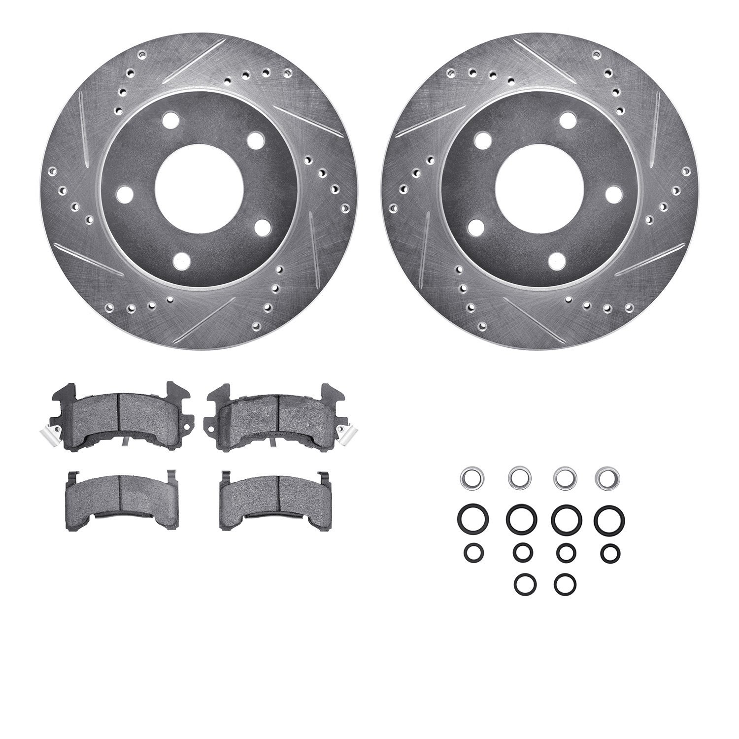 7512-48102 Drilled/Slotted Brake Rotors w/5000 Advanced Brake Pads Kit & Hardware [Silver], 1979-1985 GM, Position: Rear