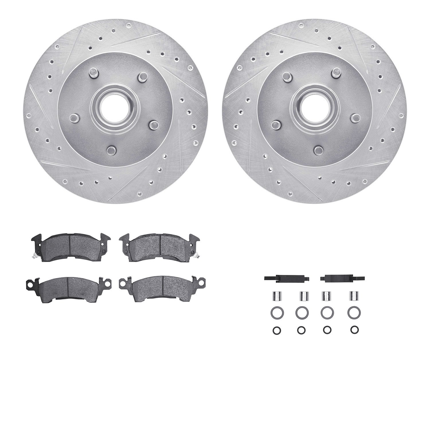 7512-48111 Drilled/Slotted Brake Rotors w/5000 Advanced Brake Pads Kit & Hardware [Silver], 1983-1992 GM, Position: Front