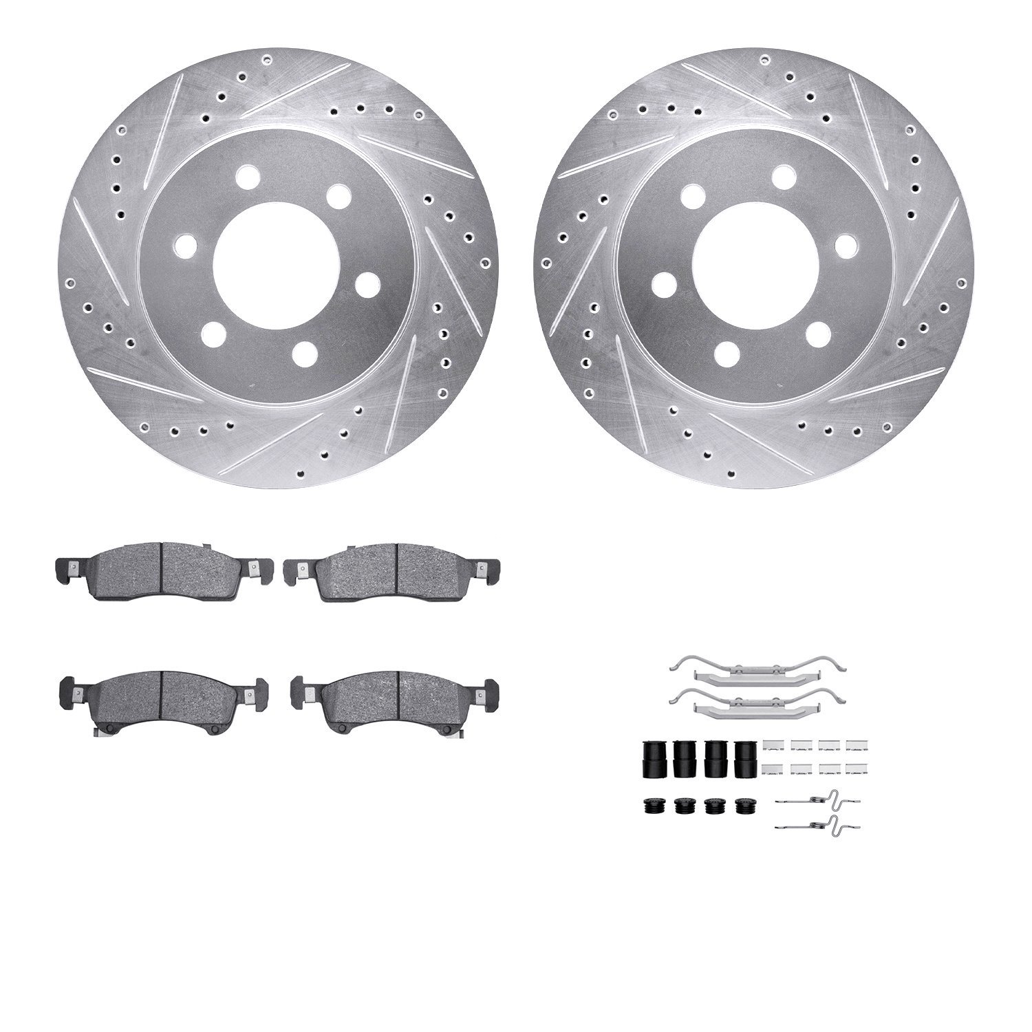 7512-48126 Drilled/Slotted Brake Rotors w/5000 Advanced Brake Pads Kit & Hardware [Silver], 1988-1989 GM, Position: Front