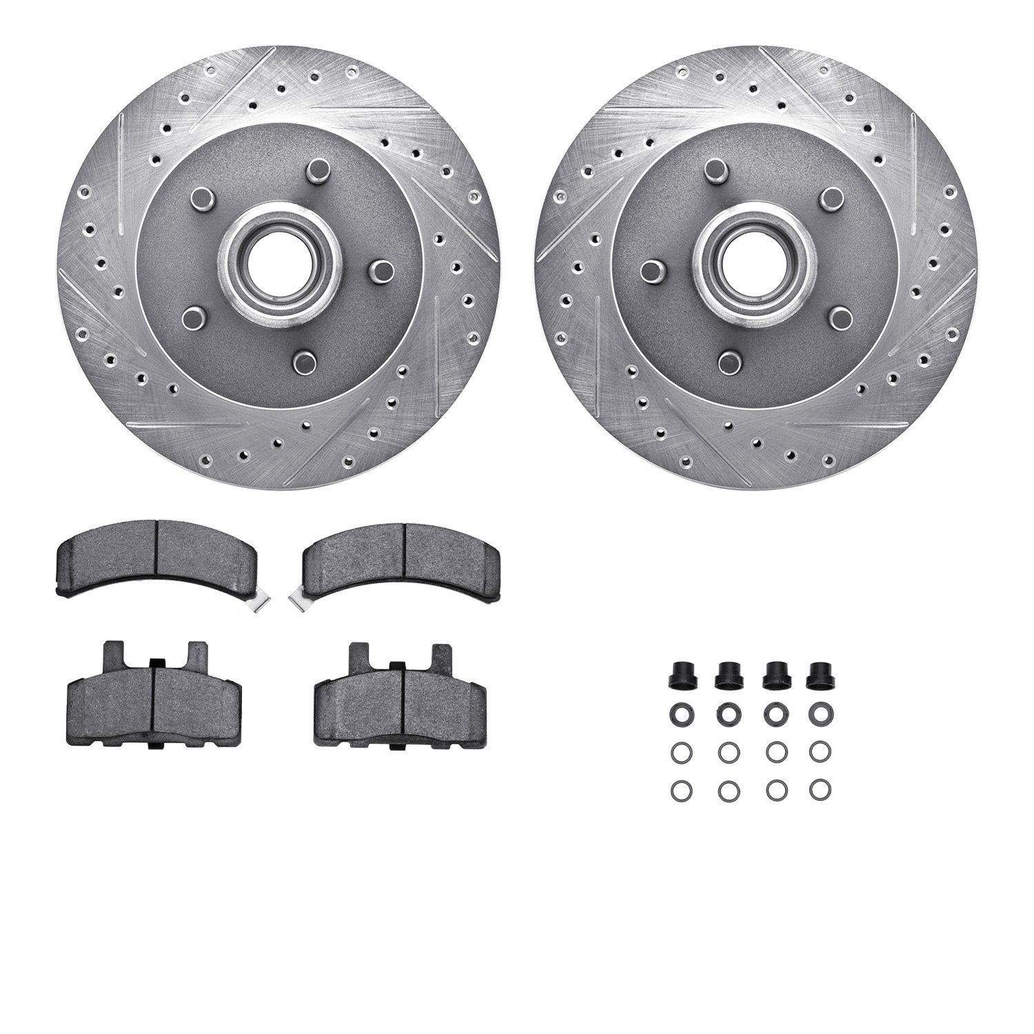 7512-48174 Drilled/Slotted Brake Rotors w/5000 Advanced Brake Pads Kit & Hardware [Silver], 1992-2002 GM, Position: Front