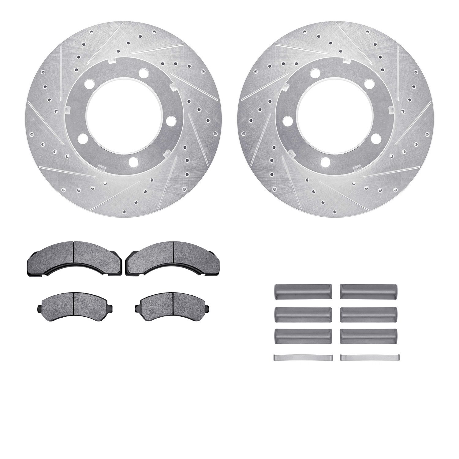 7512-48196 Drilled/Slotted Brake Rotors w/5000 Advanced Brake Pads Kit & Hardware [Silver], 1994-2000 GM, Position: Front