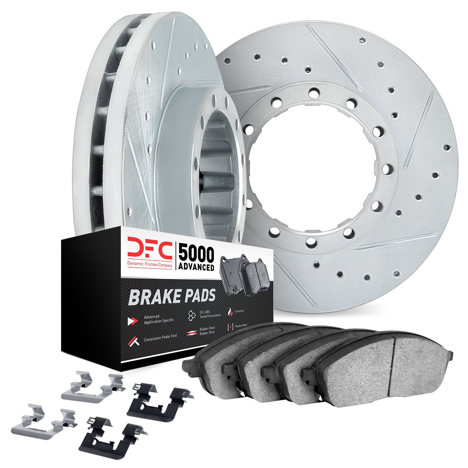 7512-48369 Drilled/Slotted Brake Rotors w/5000 Advanced Brake Pads Kit & Hardware [Silver], Fits Select GM, Position: Front