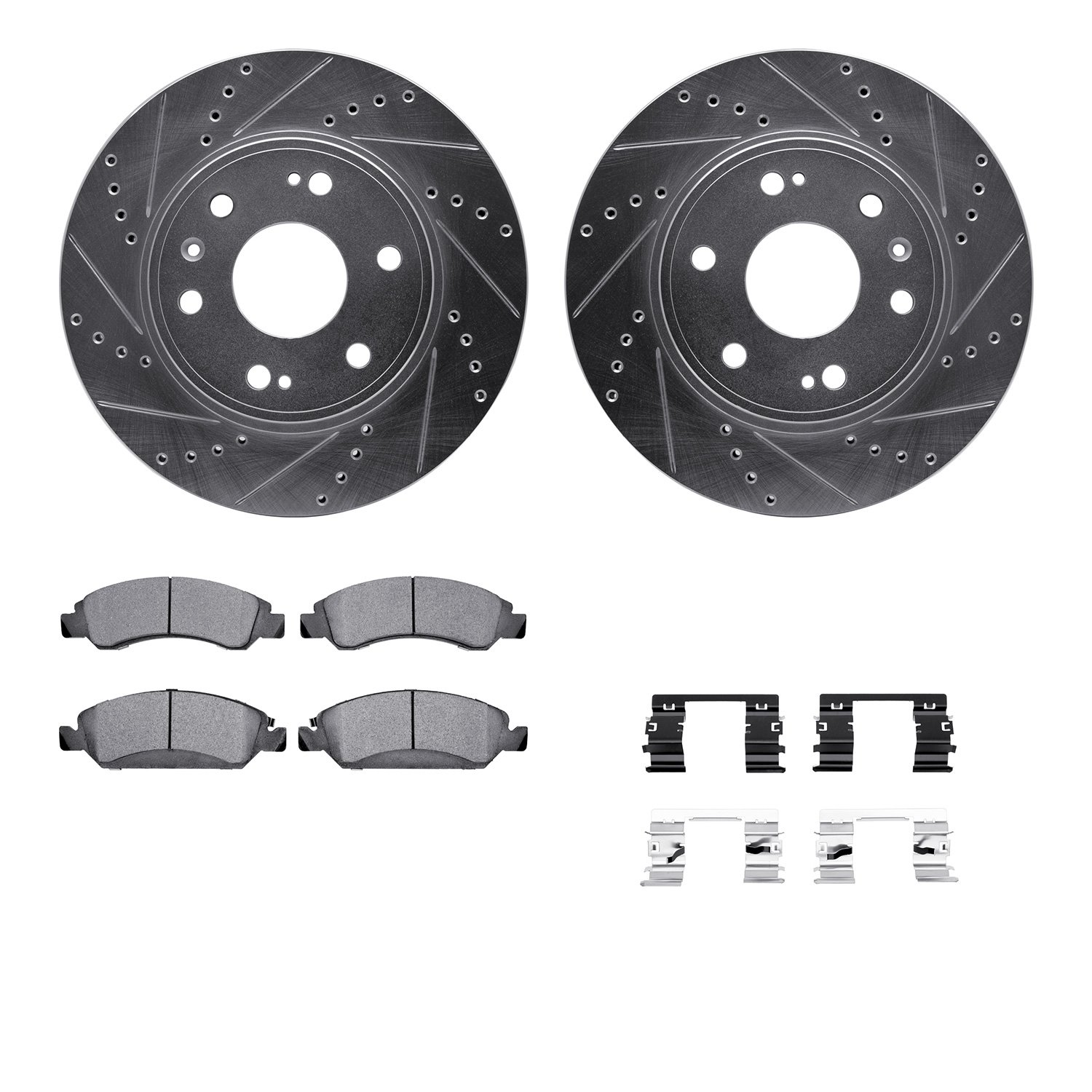 7512-48378 Drilled/Slotted Brake Rotors w/5000 Advanced Brake Pads Kit & Hardware [Silver], 2009-2020 GM, Position: Front