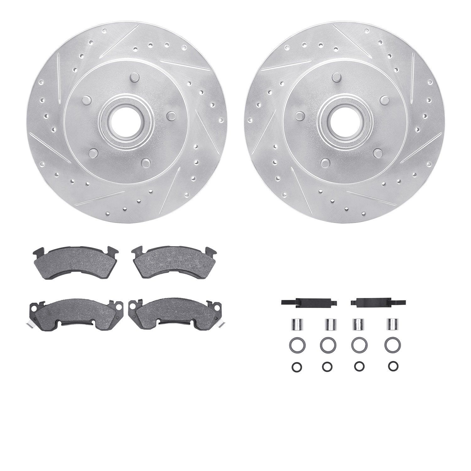 7512-51002 Drilled/Slotted Brake Rotors w/5000 Advanced Brake Pads Kit & Hardware [Silver], 1994-1996 GM, Position: Front