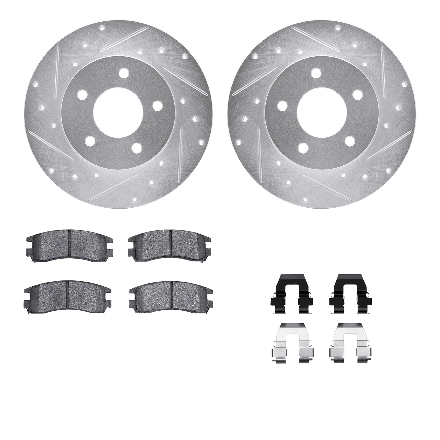 7512-52000 Drilled/Slotted Brake Rotors w/5000 Advanced Brake Pads Kit & Hardware [Silver], 1997-2005 GM, Position: Rear
