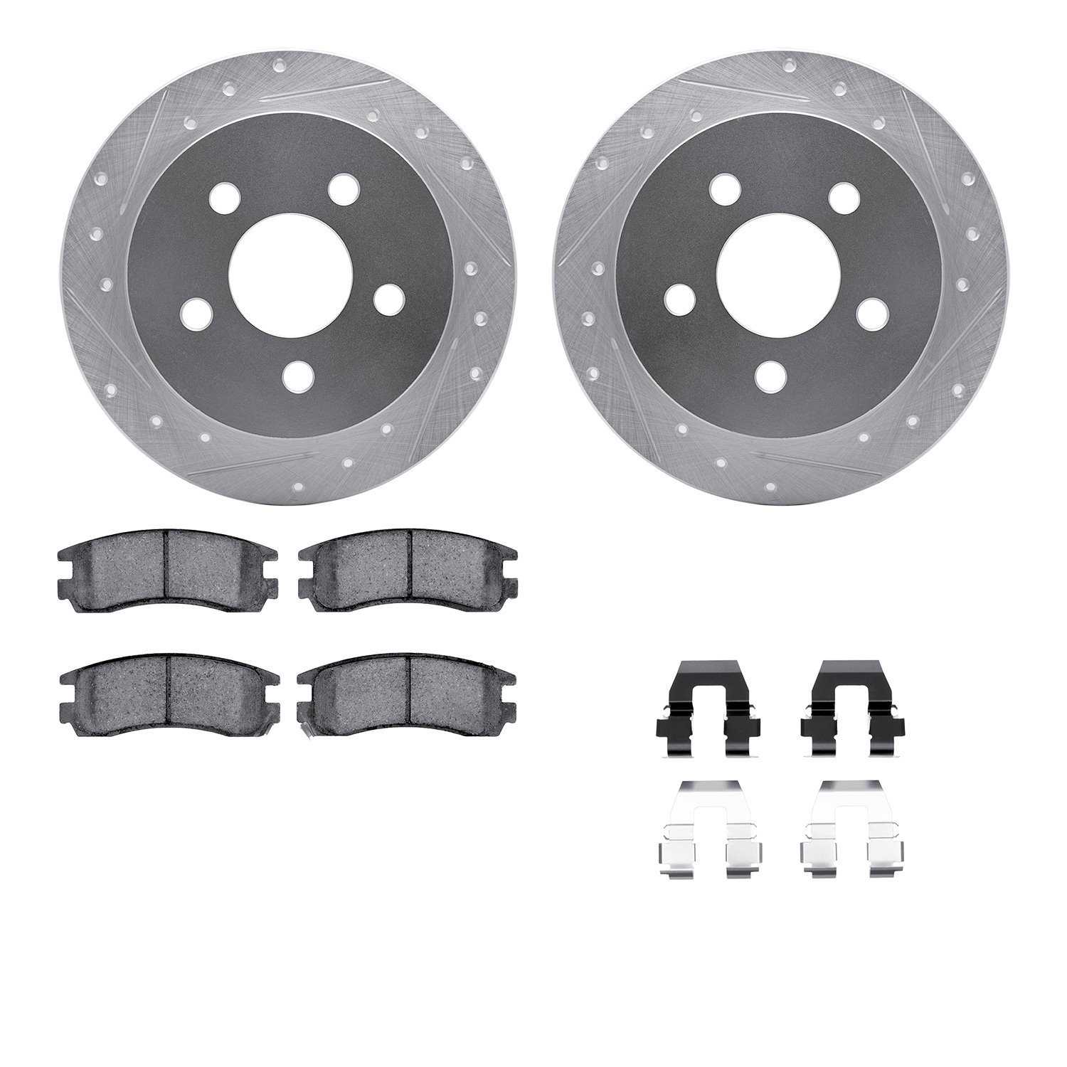 7512-52001 Drilled/Slotted Brake Rotors w/5000 Advanced Brake Pads Kit & Hardware [Silver], 1997-2005 GM, Position: Rear