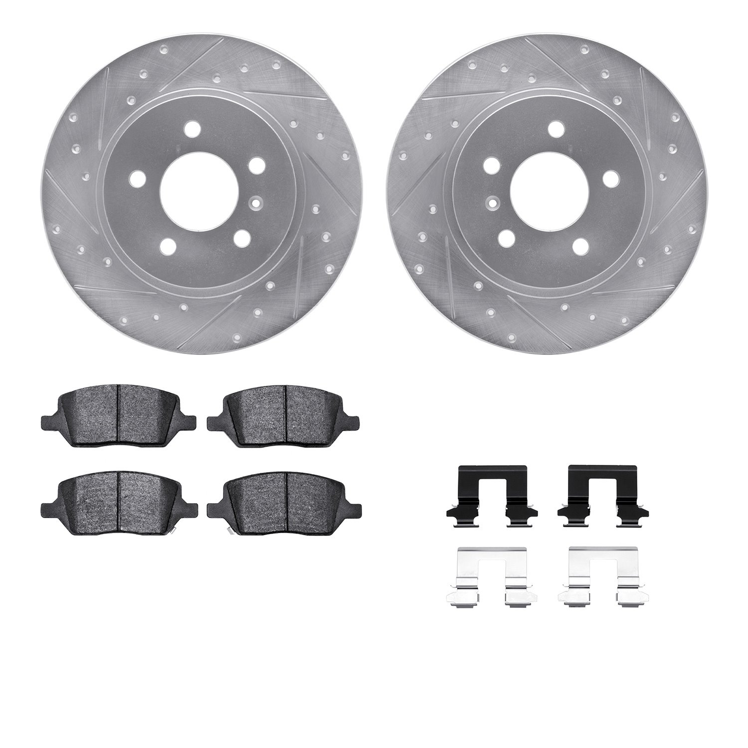 7512-52004 Drilled/Slotted Brake Rotors w/5000 Advanced Brake Pads Kit & Hardware [Silver], 2005-2005 GM, Position: Rear