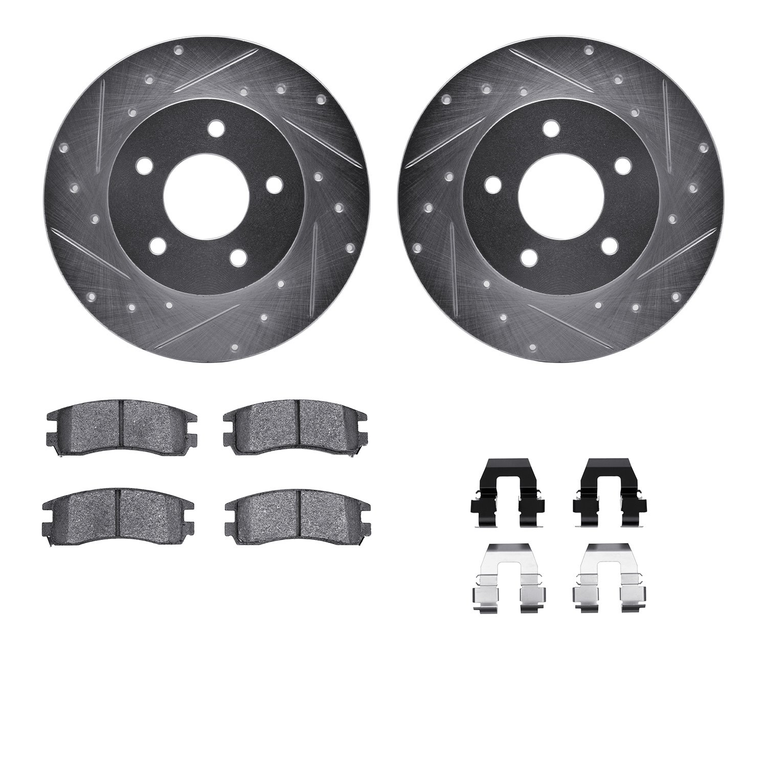 7512-52008 Drilled/Slotted Brake Rotors w/5000 Advanced Brake Pads Kit & Hardware [Silver], 1992-1998 GM, Position: Rear