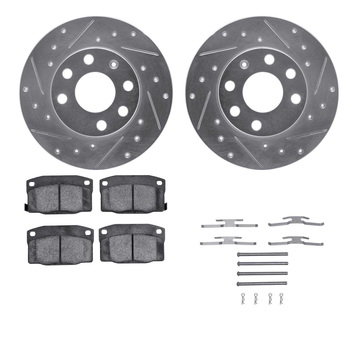 7512-52021 Drilled/Slotted Brake Rotors w/5000 Advanced Brake Pads Kit & Hardware [Silver], 1988-1989 GM, Position: Front