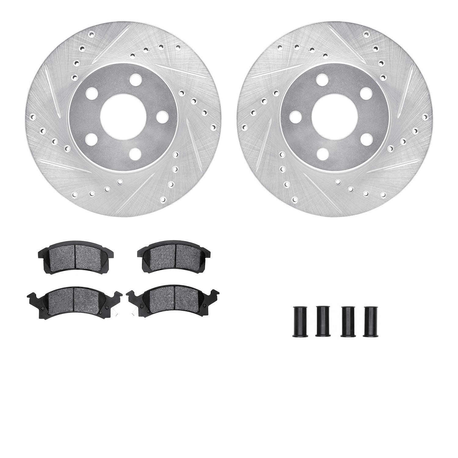 7512-52022 Drilled/Slotted Brake Rotors w/5000 Advanced Brake Pads Kit & Hardware [Silver], 1990-2005 GM, Position: Front