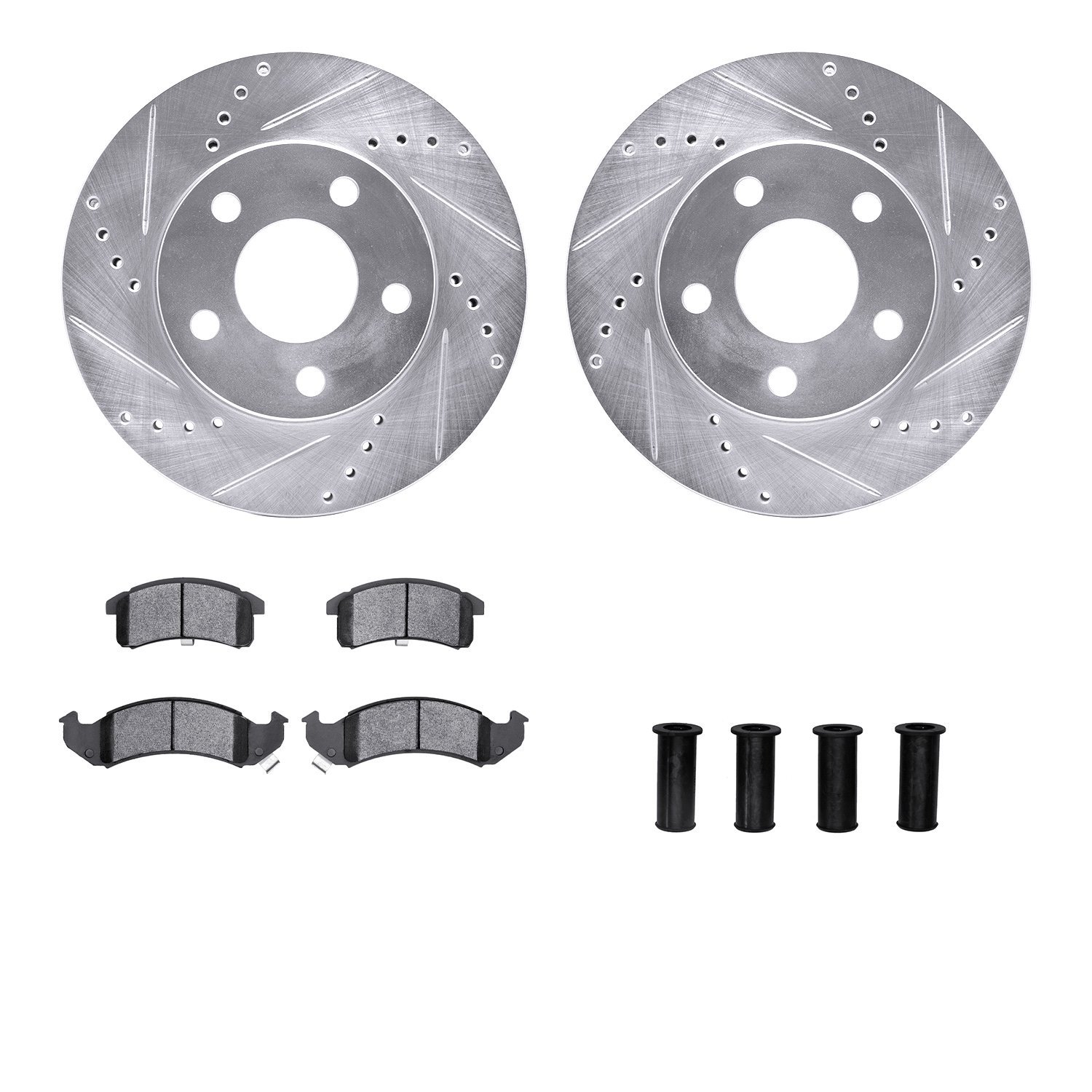 7512-52026 Drilled/Slotted Brake Rotors w/5000 Advanced Brake Pads Kit & Hardware [Silver], 1997-1999 GM, Position: Front