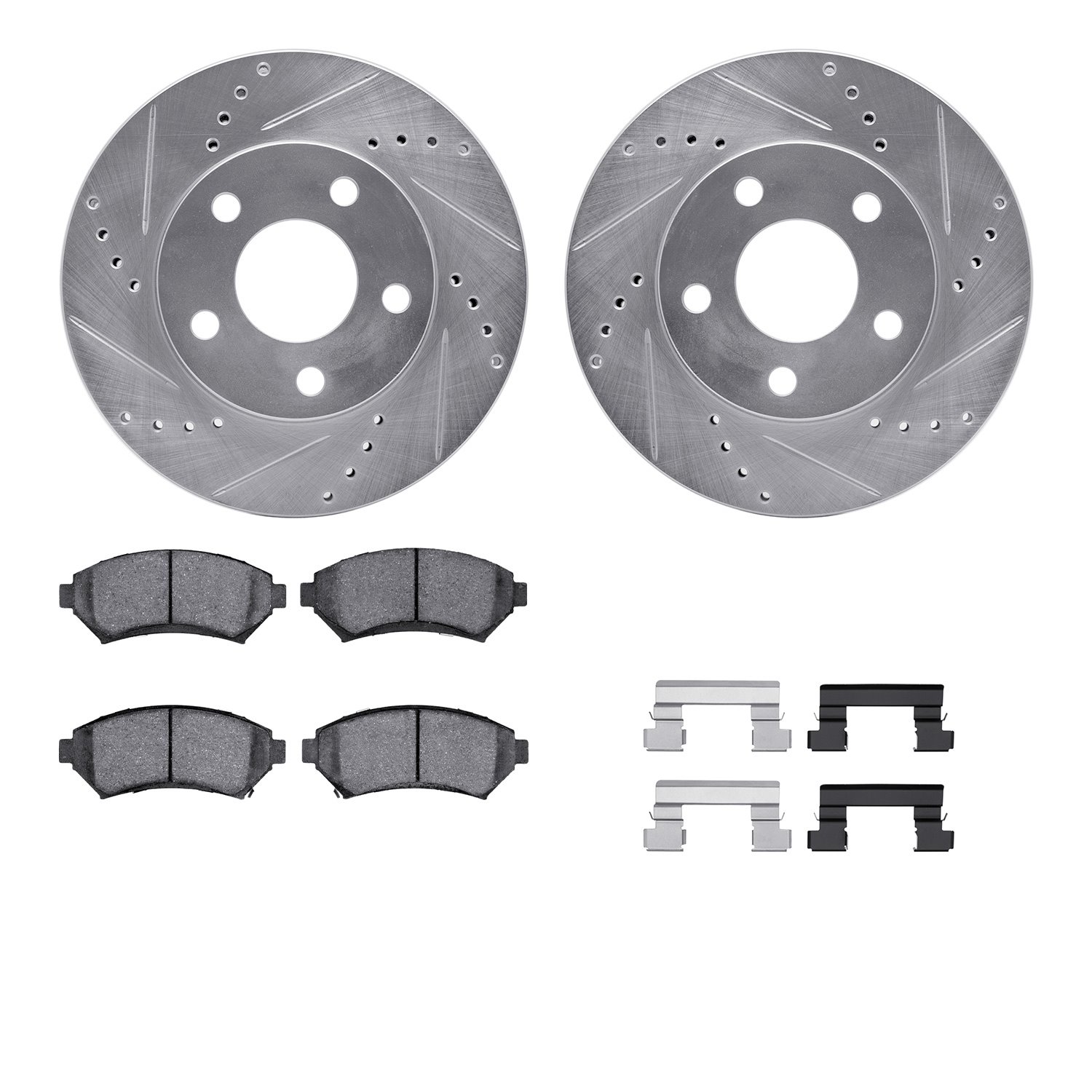 7512-52035 Drilled/Slotted Brake Rotors w/5000 Advanced Brake Pads Kit & Hardware [Silver], 1997-2005 GM, Position: Front